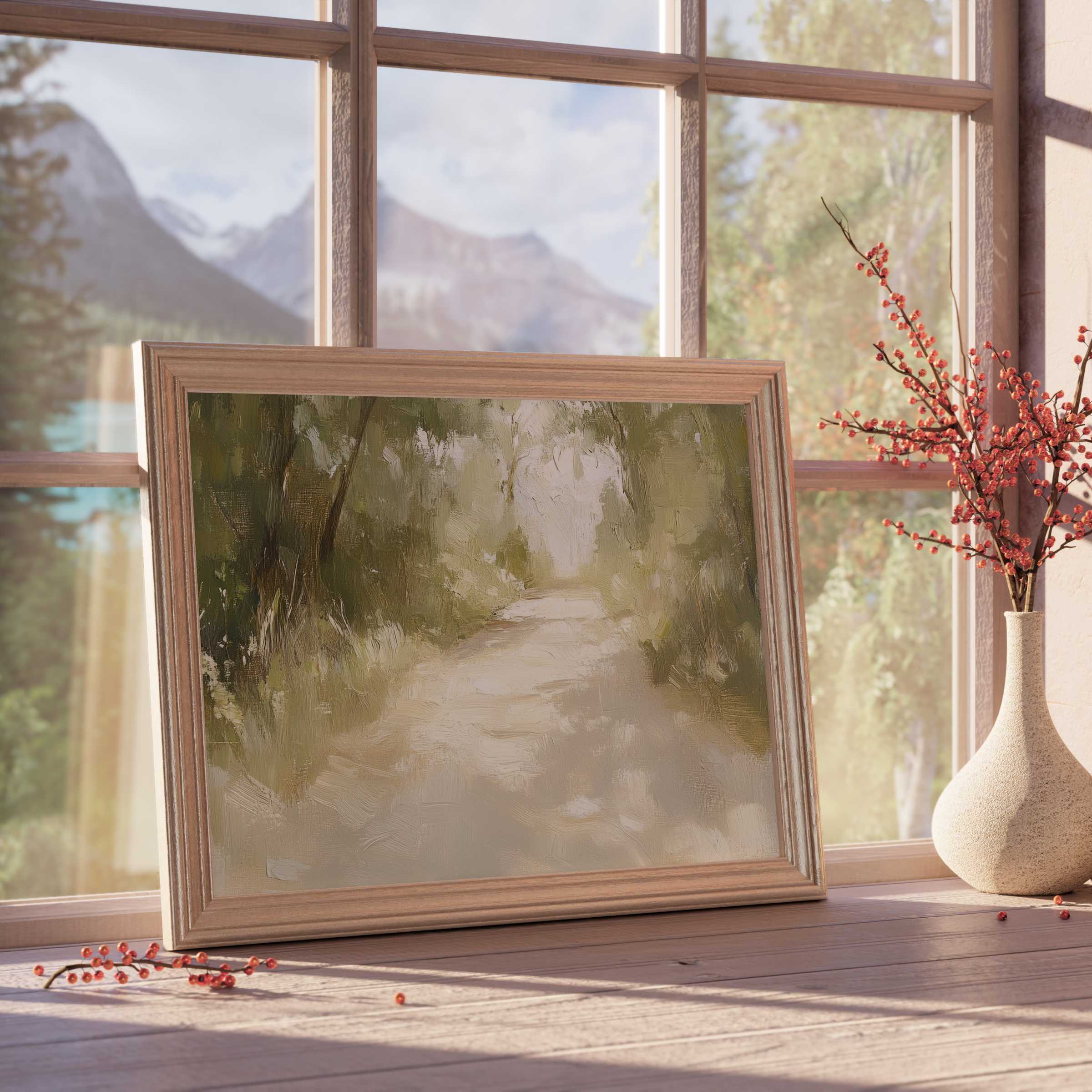 Spring downloadable art capturing a serene woodland path in soft greens, perfect for elevating curated, tranquil interiors