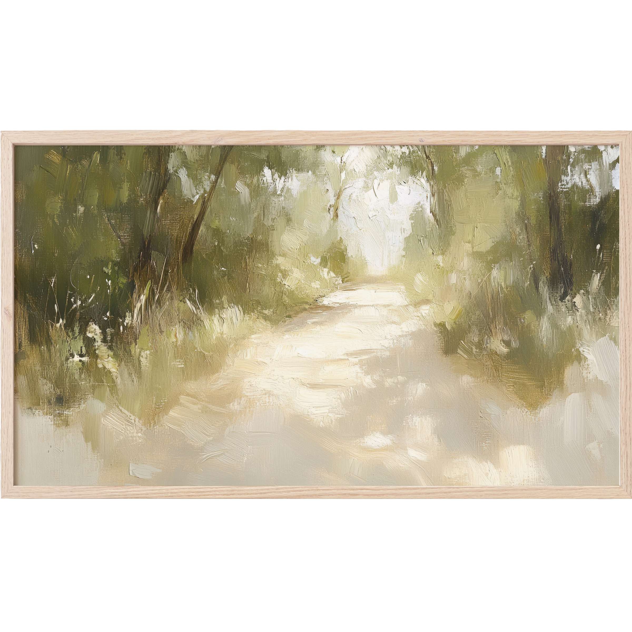 Softly textured woodland path in muted greens and creams, an elegant spring Frame TV Art for modern interiors