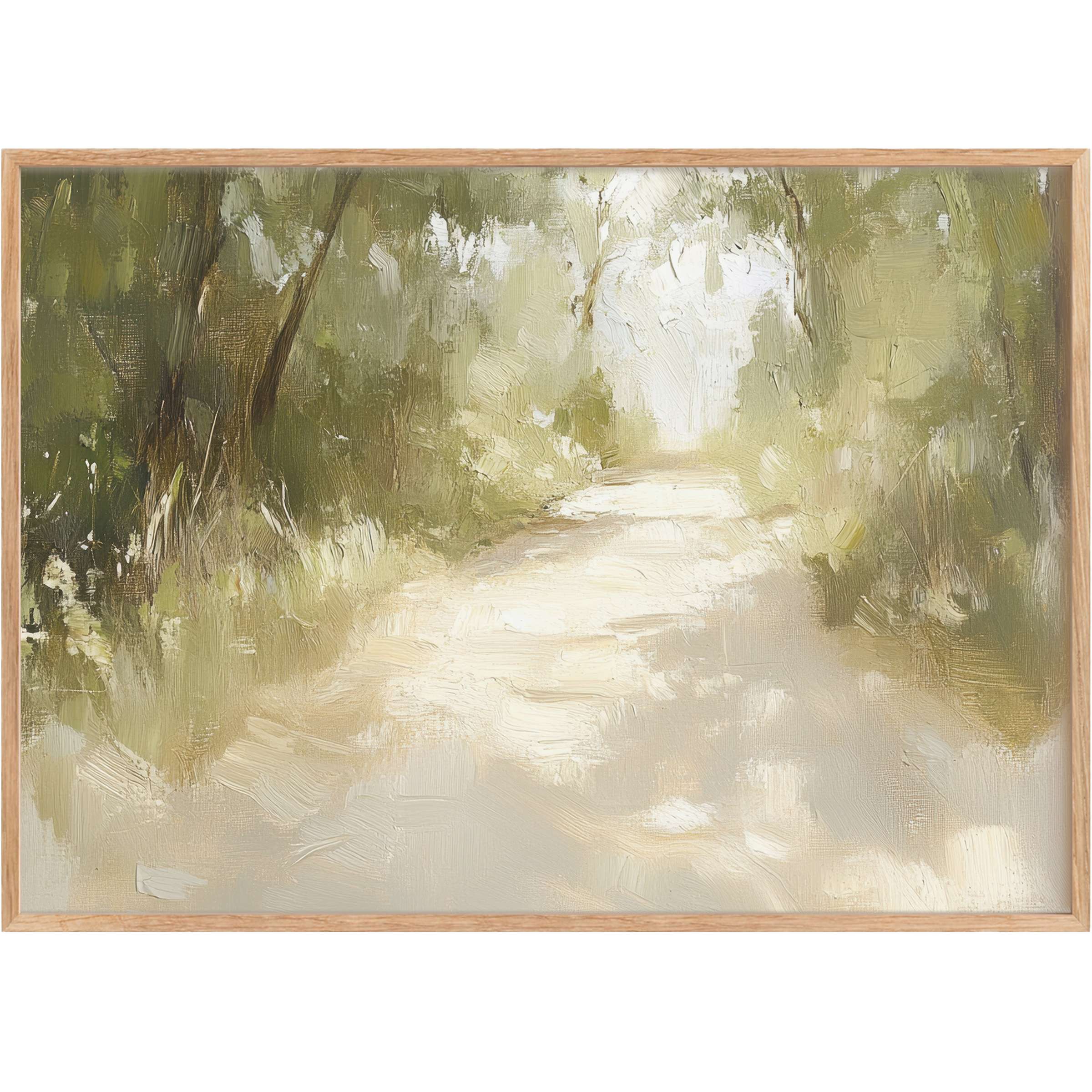 Serene spring printable wall art in soft greens and warm neutrals, evoking calm woodland light that elevates elegant interiors