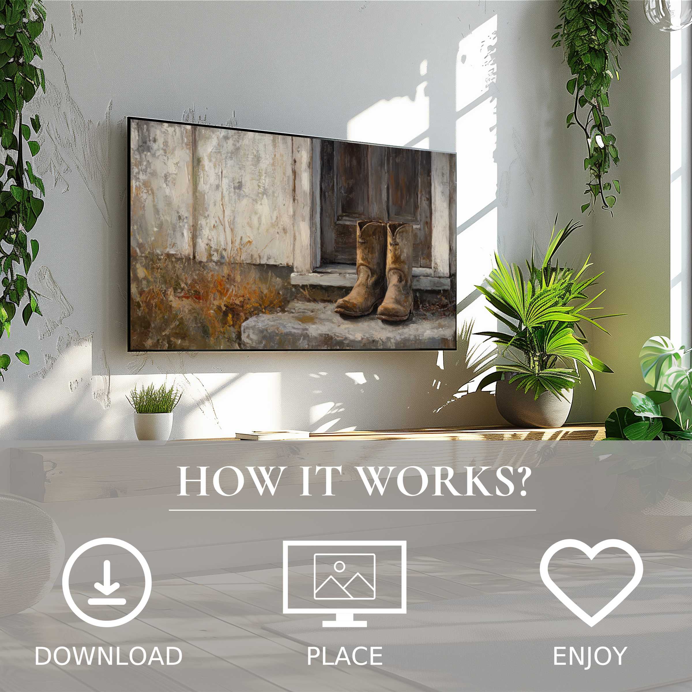 Farmhouse art for Samsung TV shows rustic boots and warm earth tones, easy digital download enhances any cozy living space