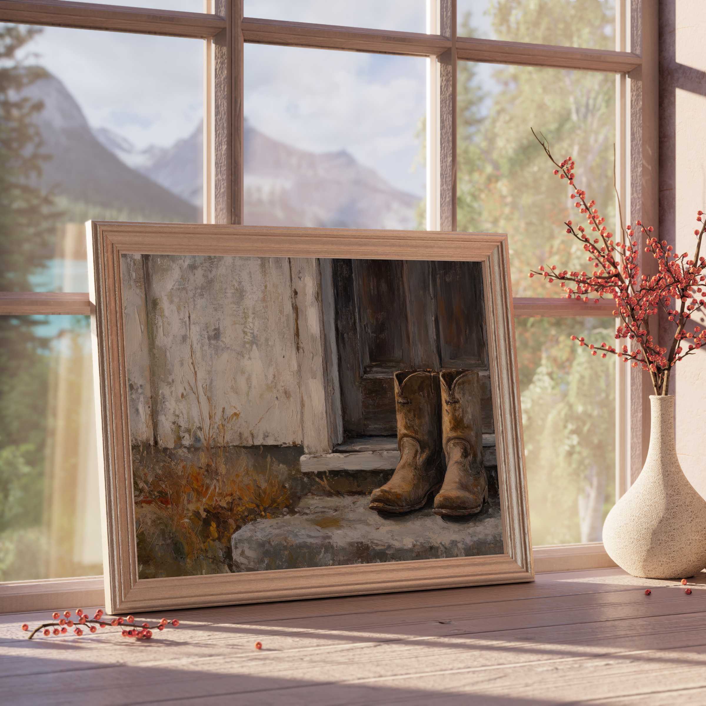 Rustic farmhouse downloadable art featuring weathered boots by a vintage doorway, adding warm charm and serene texture to curated interiors