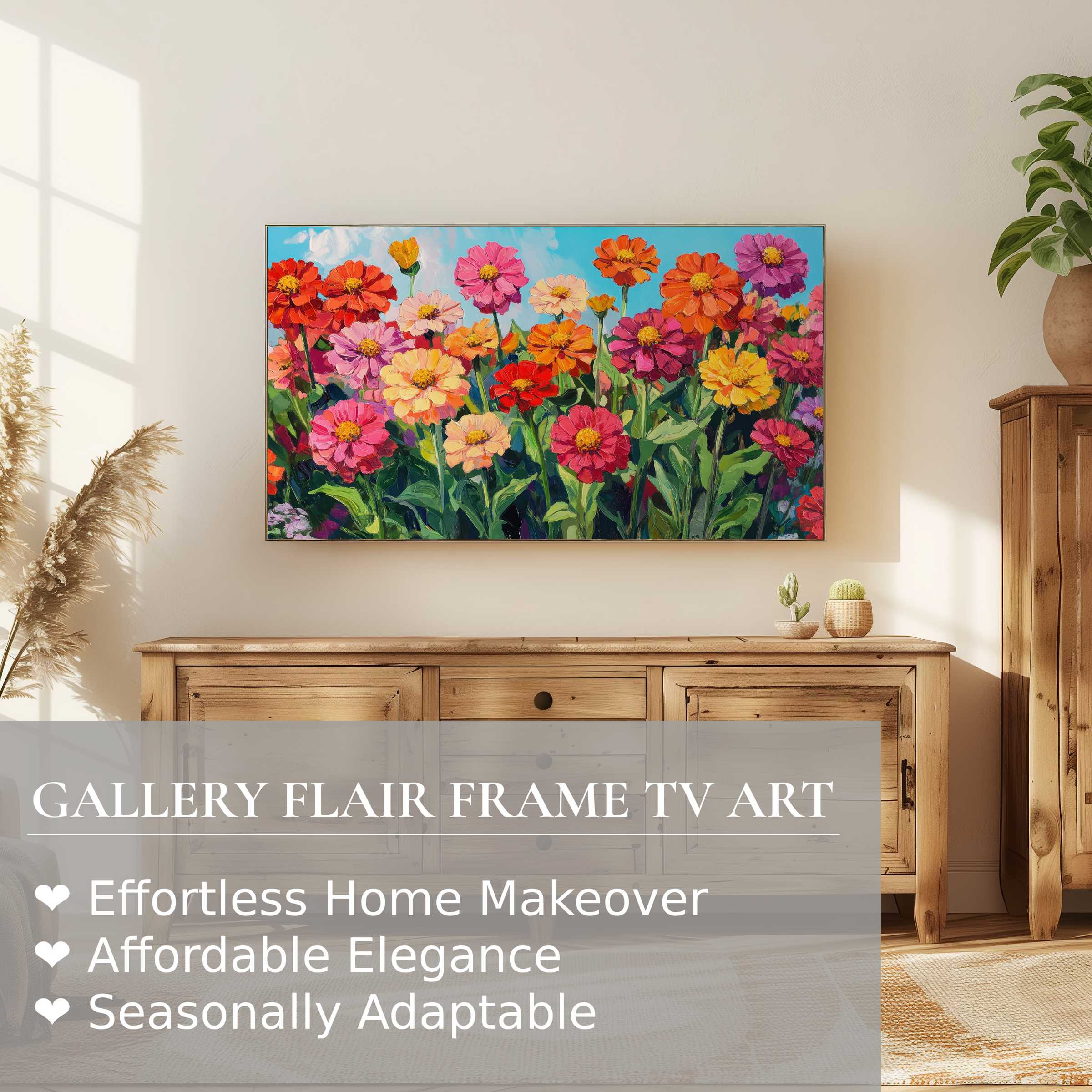 Samsung Frame TV displaying vibrant floral digital artwork in a sunlit, modern living room with natural wood accents