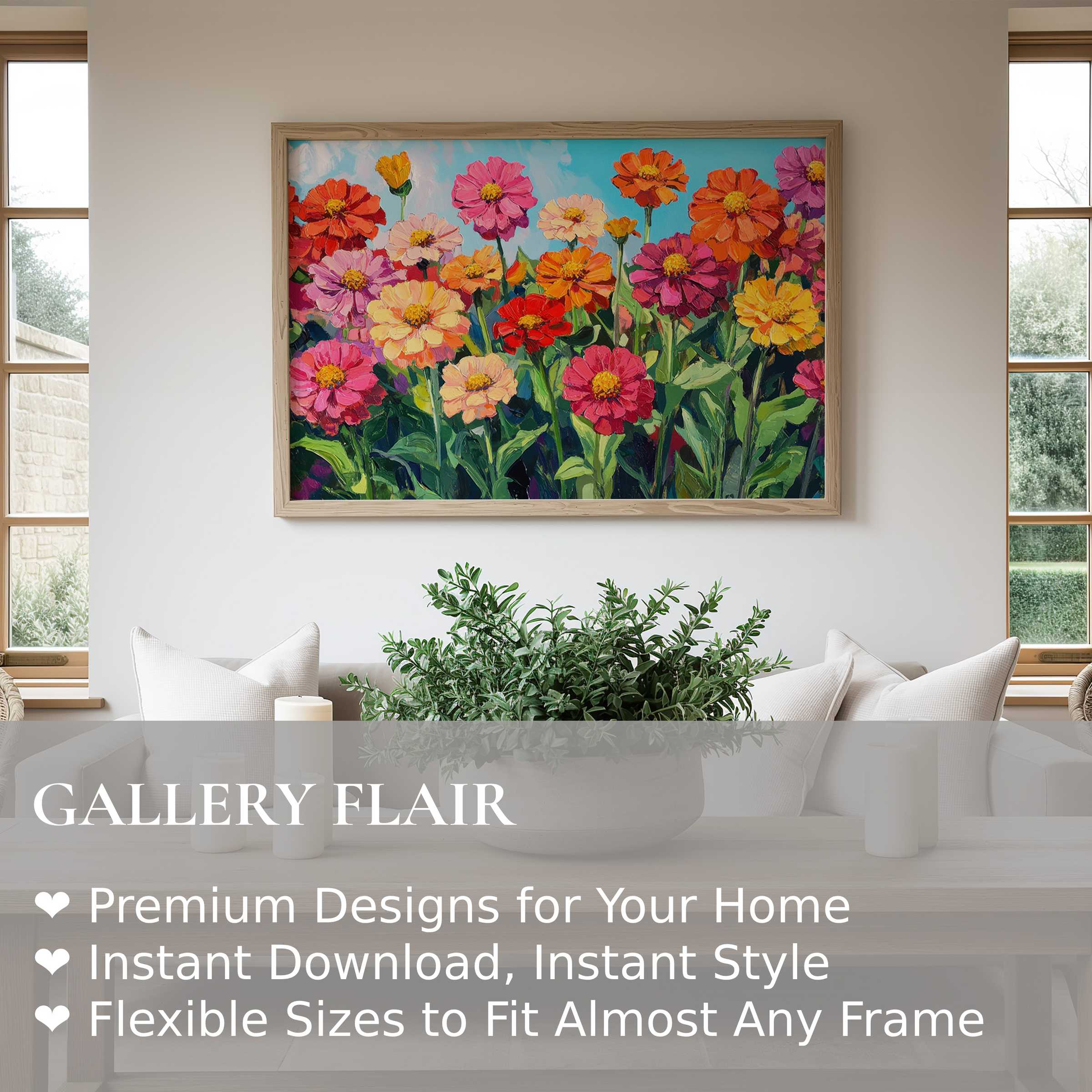 Radiant floral wall art print featuring vibrant zinnias that brighten modern, minimalist interiors with fresh garden elegance