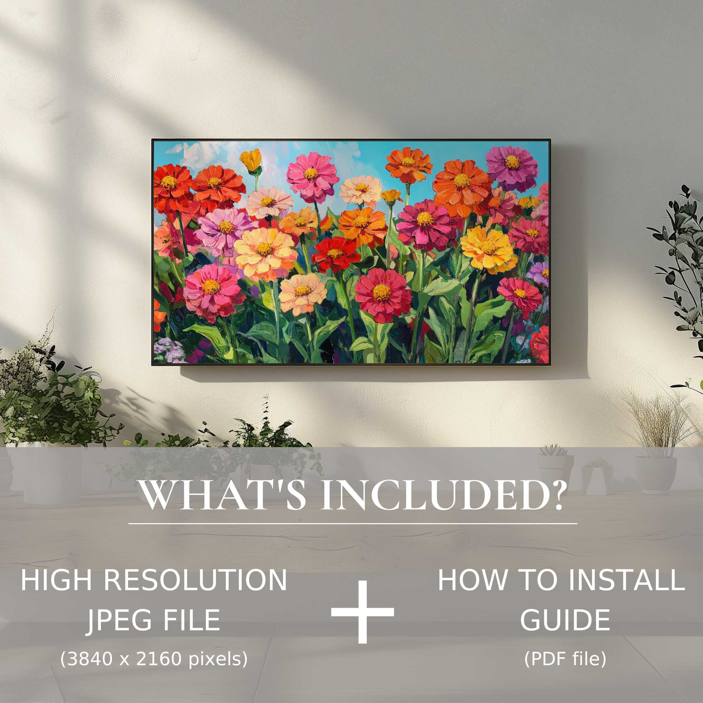 Stylish living room with vivid floral digital TV art download, easily enhancing space via simple digital use