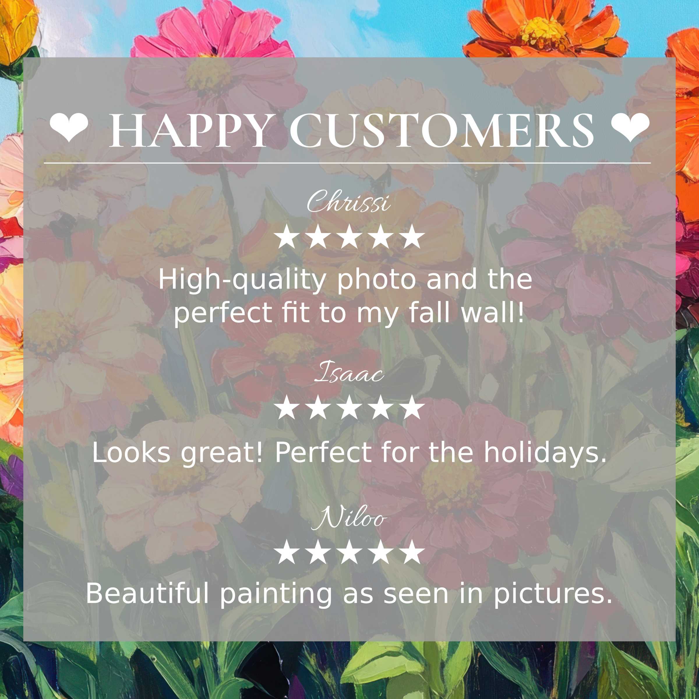 Floral art for Frame TV with abstract sunset hues, showcasing happy customer reviews and elegant, trusted design