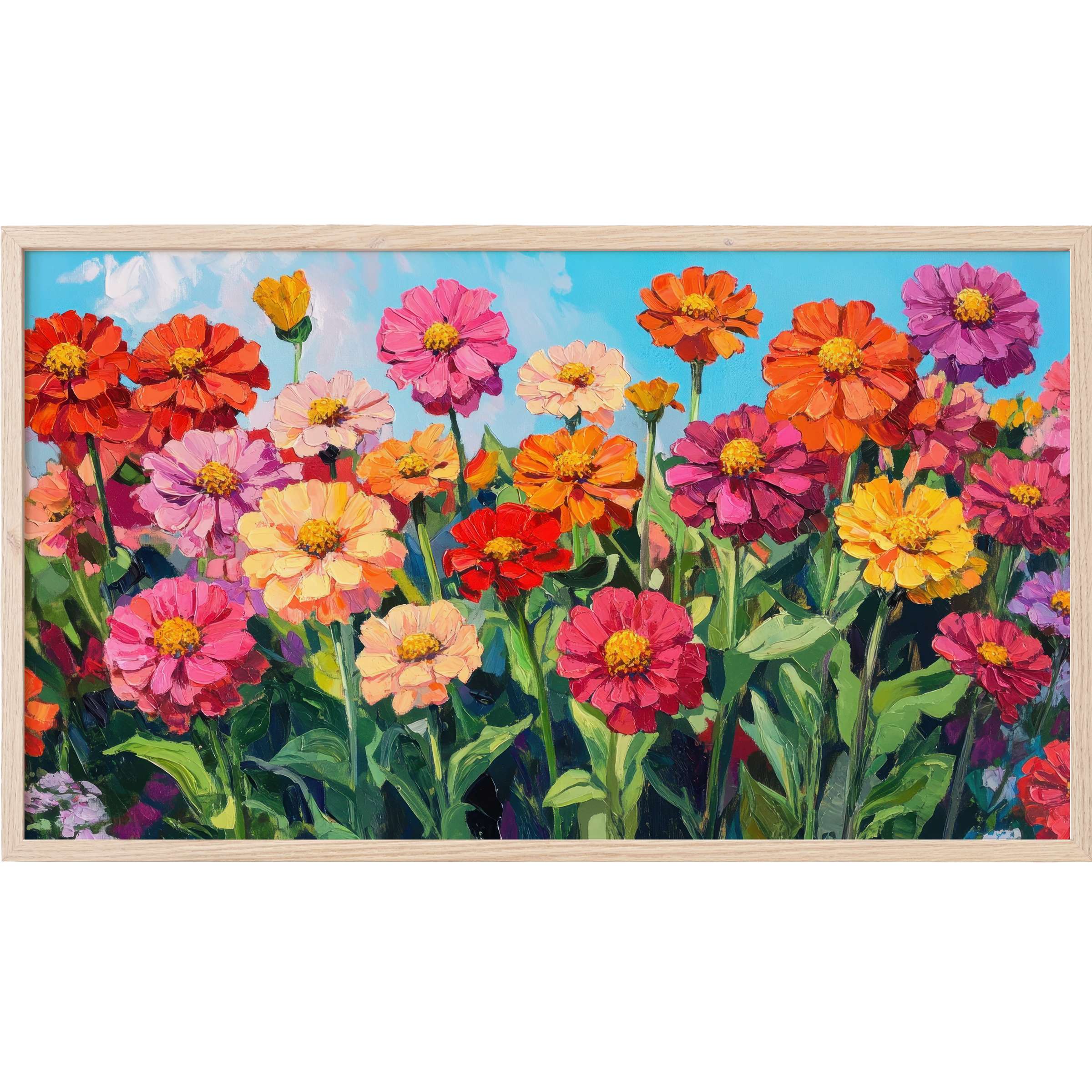 Floral Frame TV Art with vibrant pinks, oranges, and yellows in a lush garden style against a bright blue sky