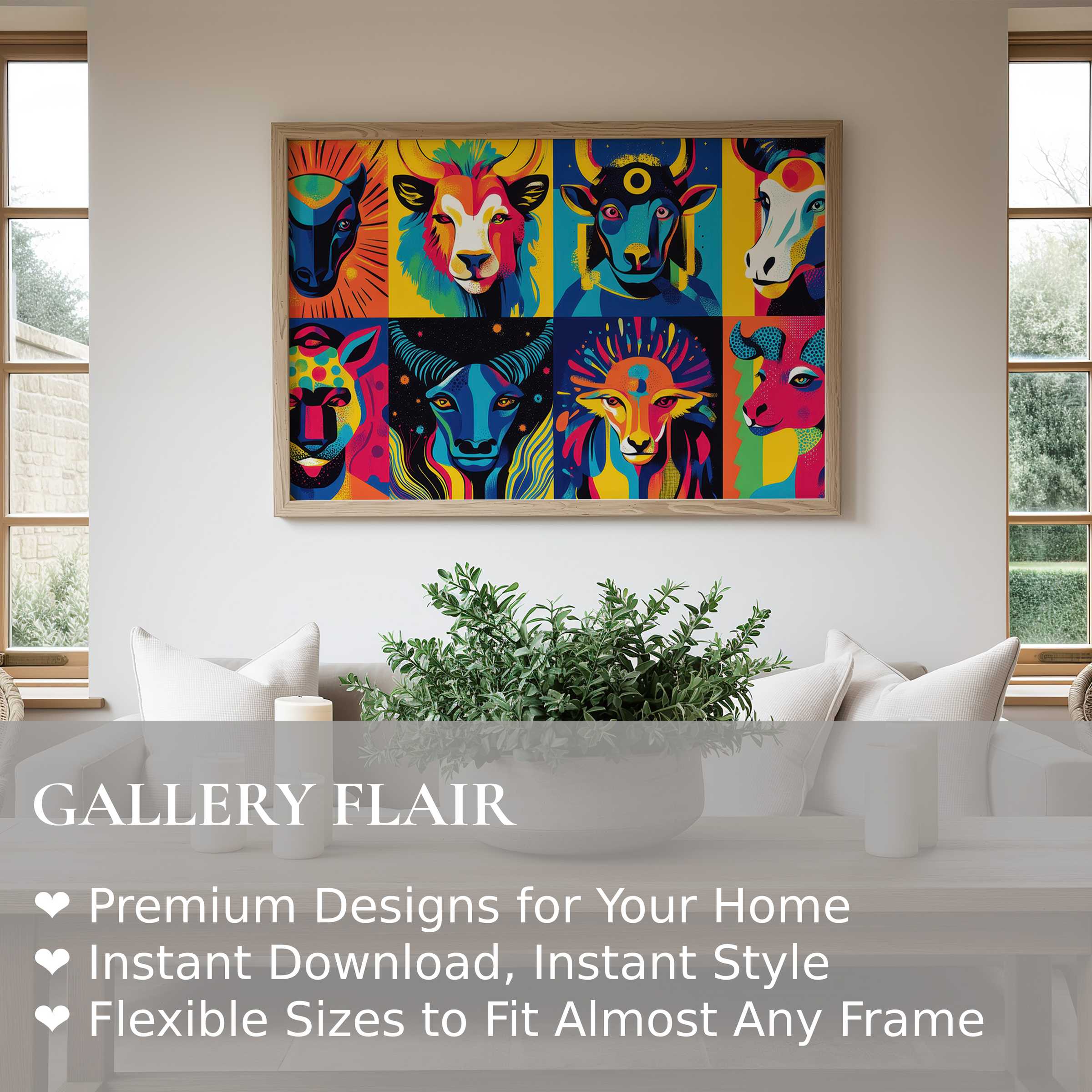 Vibrant pop art wall art print featuring bold animal portraits in vivid hues, elevating modern living rooms with dynamic, contemporary charm