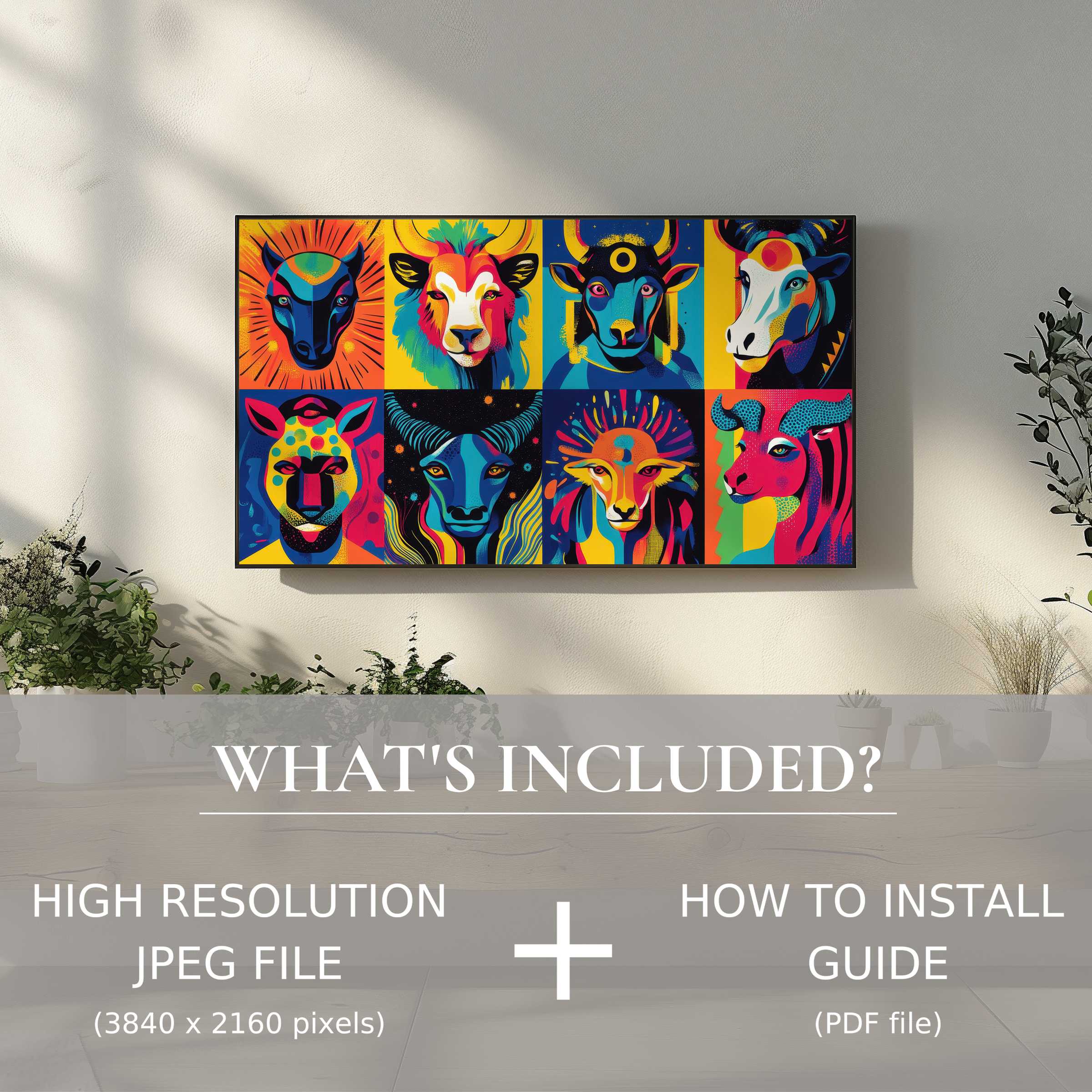 Elegant living room with vibrant pop art digital TV art download, easy to use and enriches stylish spaces