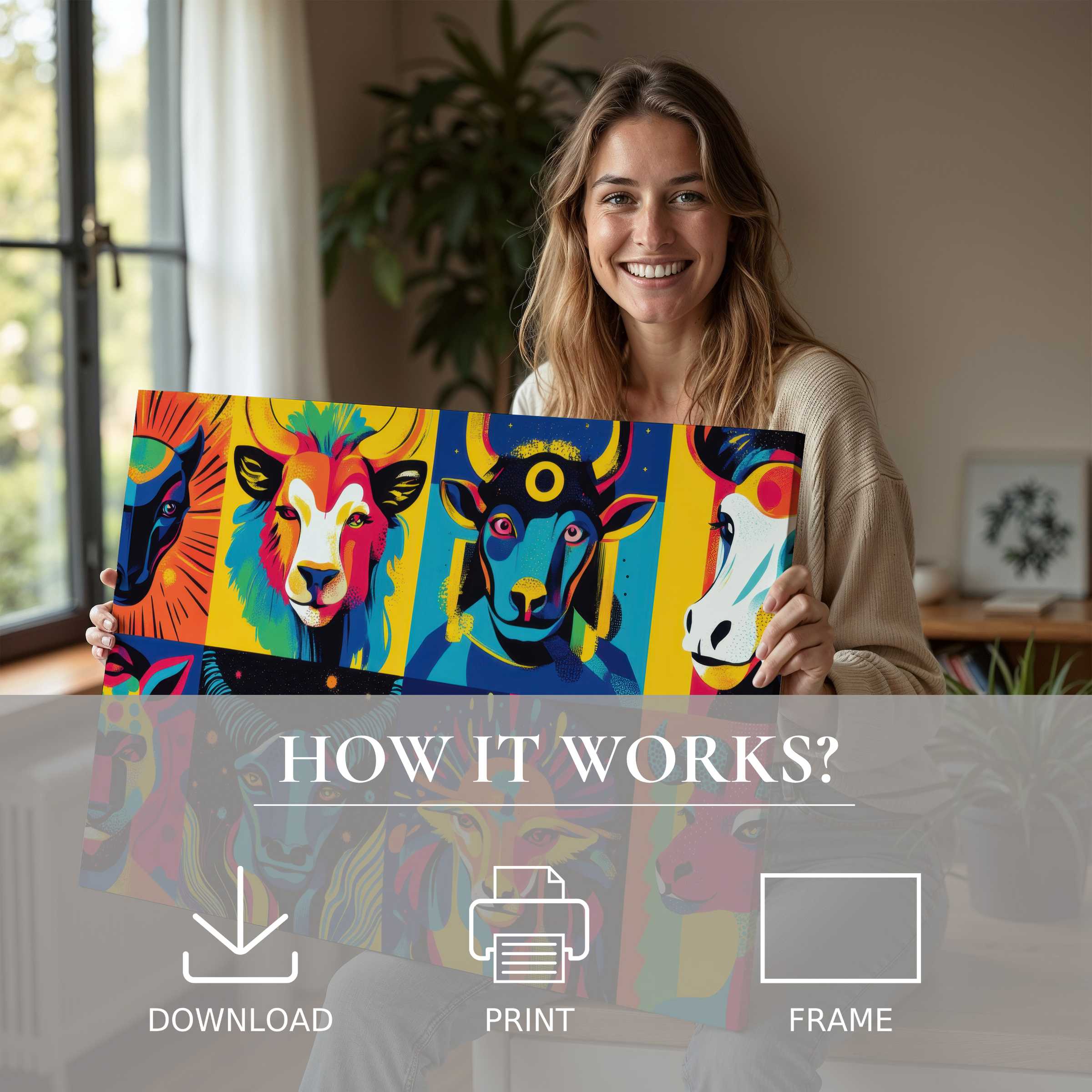 A joyful moment of connection with bold pop art digital art print, elevating serene modern living spaces with effortless style