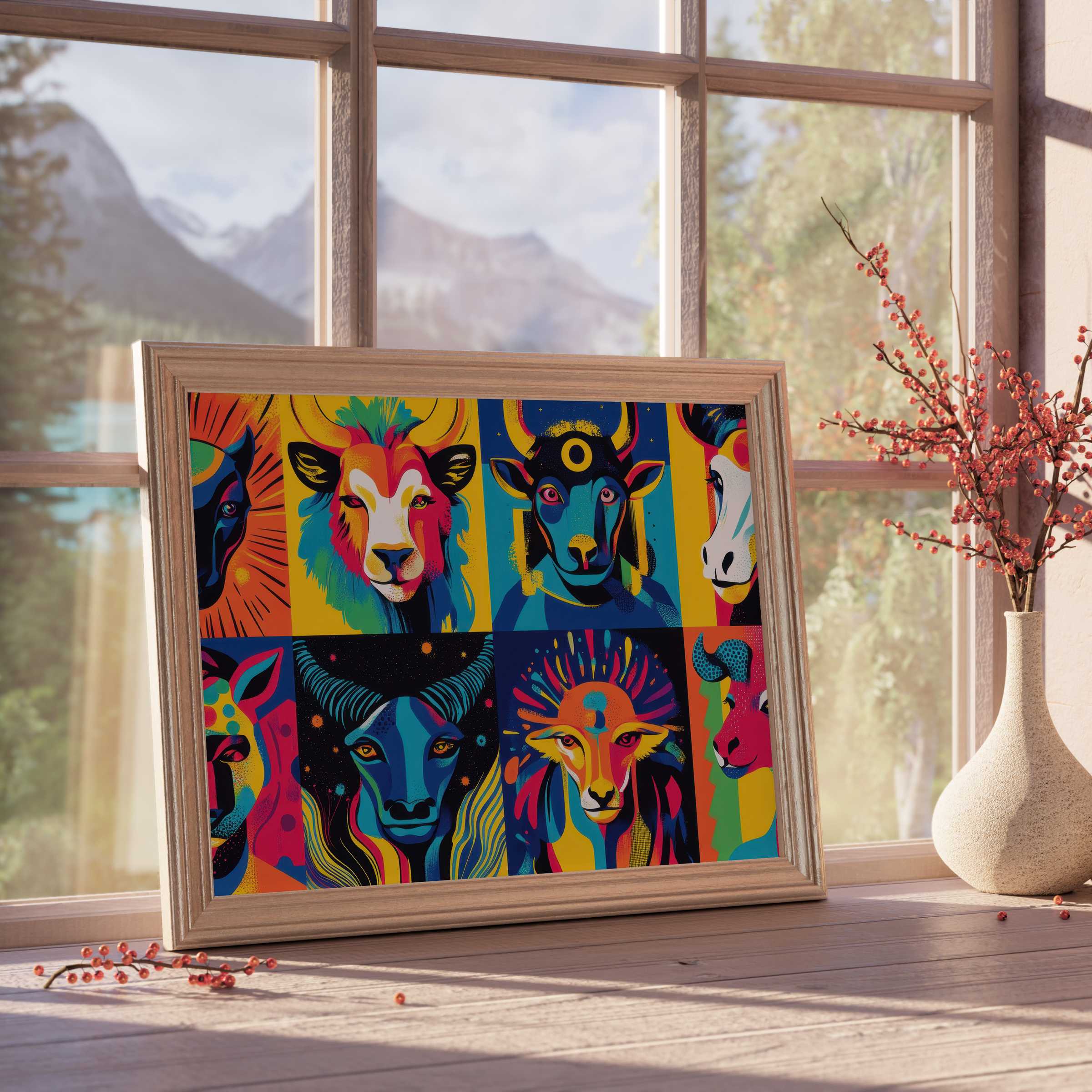 Vibrant pop art downloadable art featuring bold animal portraits, elevating curated interiors with dynamic, color-rich energy and modern charm