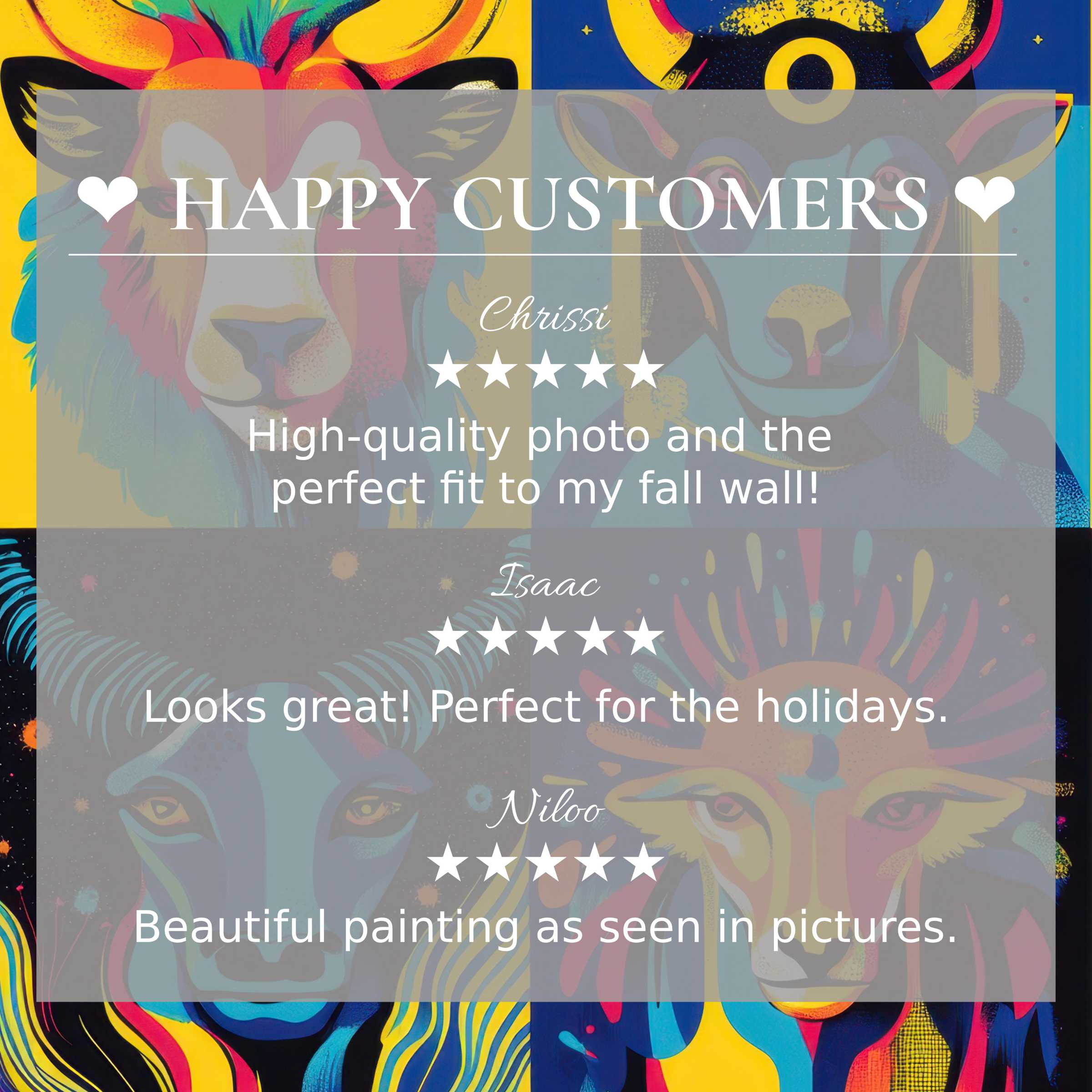 Pop art for Frame TV with vivid abstract sunset hues, showcasing happy customer praise and elegant trusted design