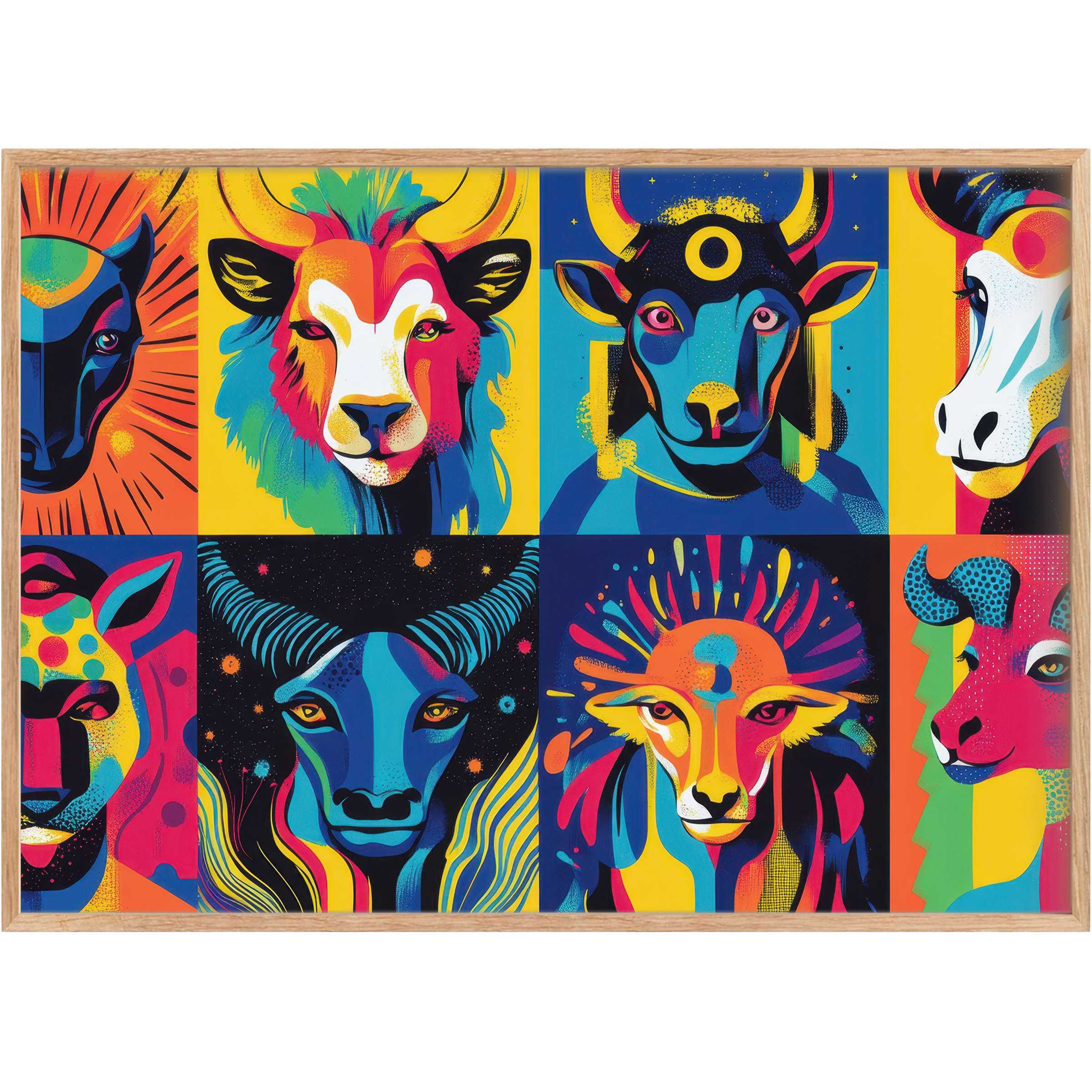 Vibrant pop art printable wall art featuring bold animal portraits in radiant blues, yellows, and reds, igniting dynamic, stylish decor energy