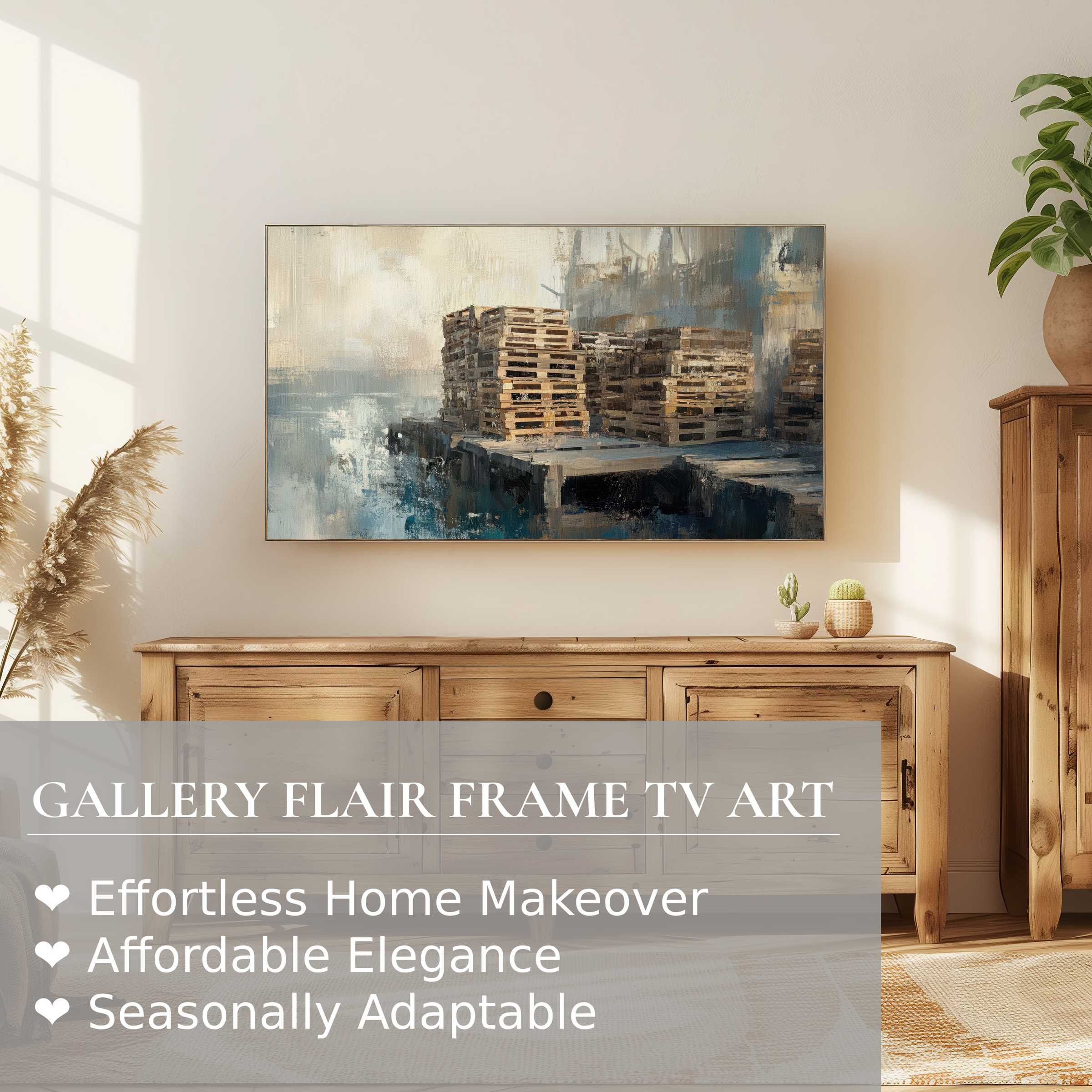 Samsung Frame TV displaying coastal digital artwork with muted tones in an elegant, modern living room setting