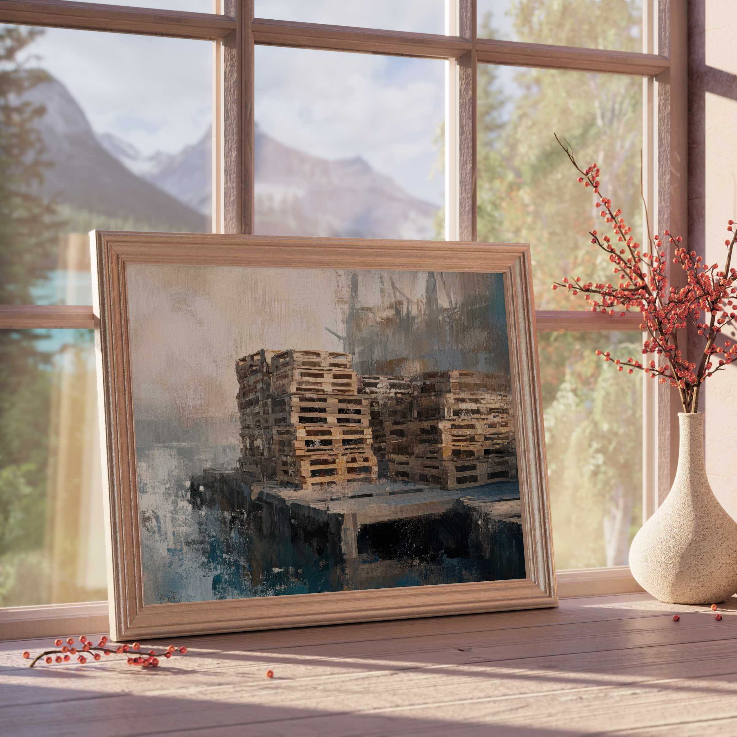 Coastal downloadable art capturing serene harbor pallets, blending muted tones and textured brushstrokes for tranquil, curated interiors