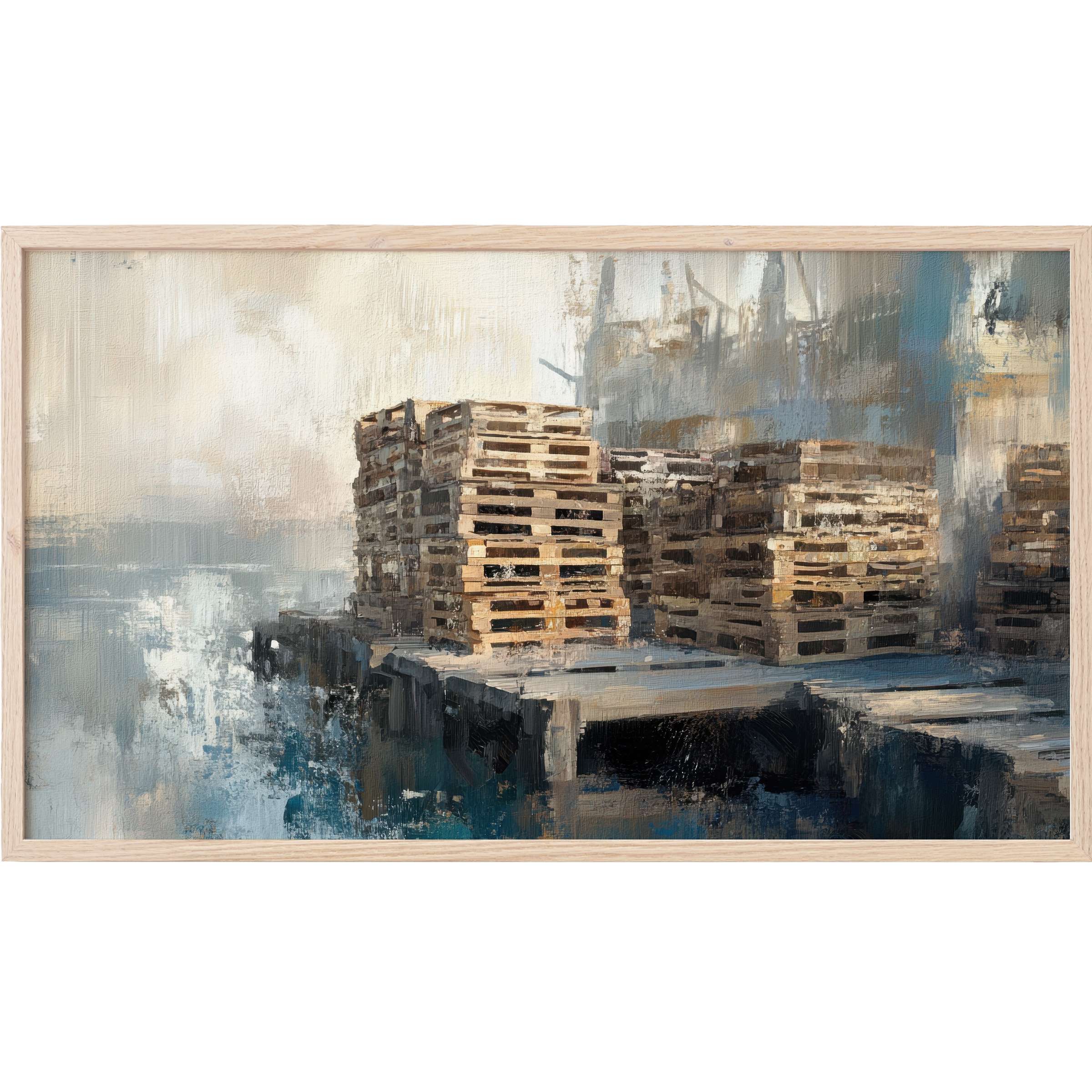 Coastal Frame TV Art with muted blues, grays, and earth tones in a textured, modern industrial dockside scene