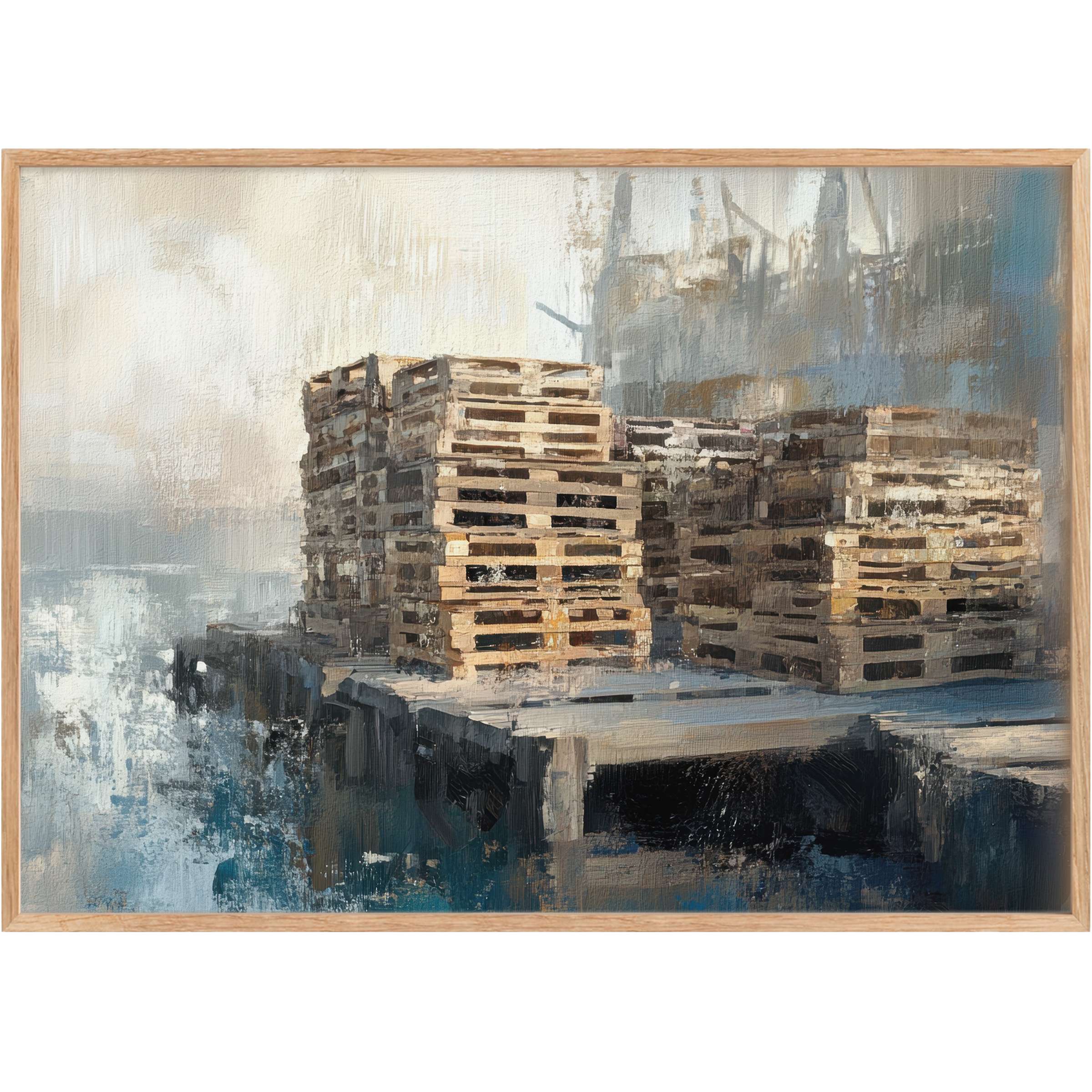 Coastal printable wall art capturing rustic pallets on a foggy dock, evoking a serene, muted blue and sandy warmth mood