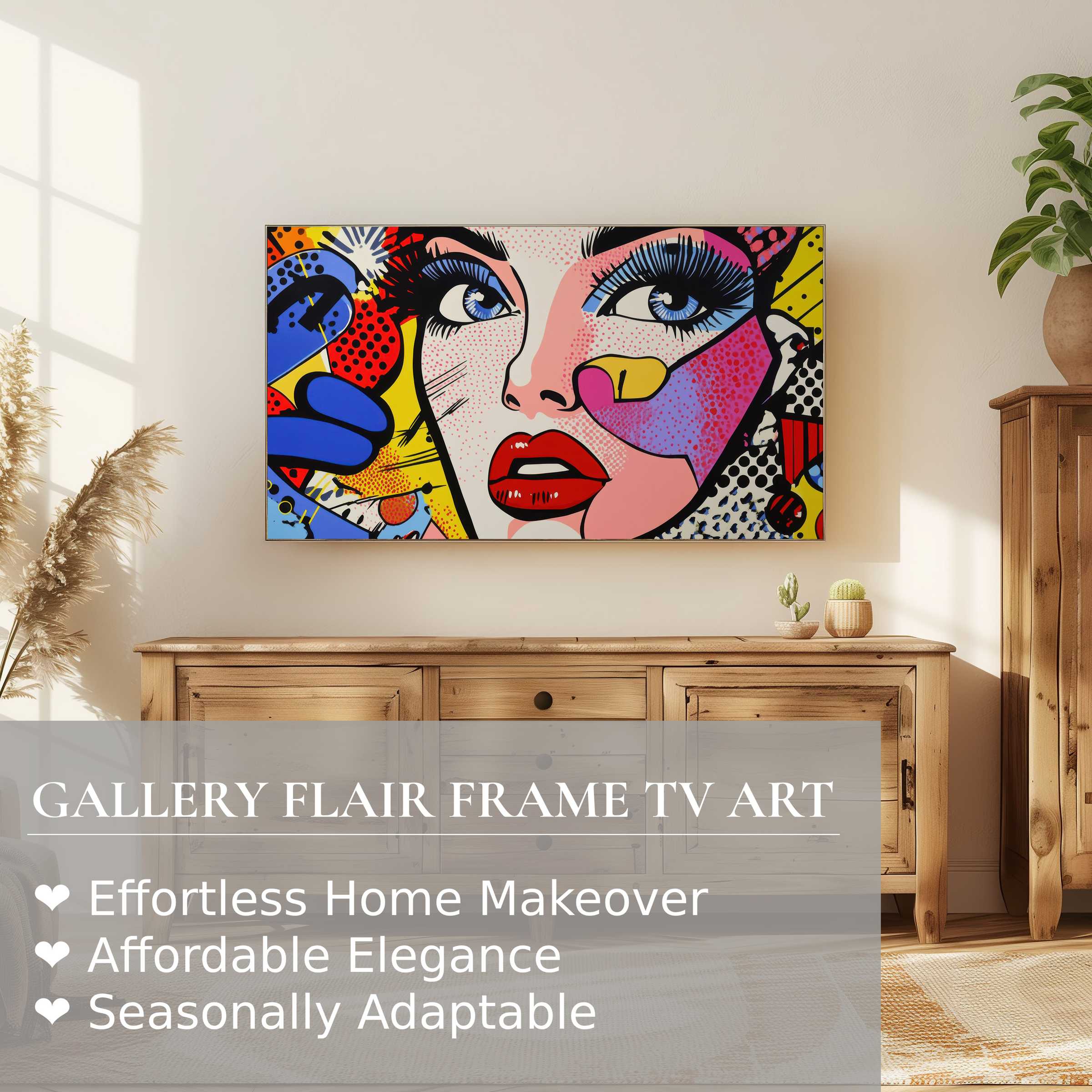 Vibrant modern digital artwork on Samsung Frame TV, enhancing warm, minimalist living spaces with bold pop art flair