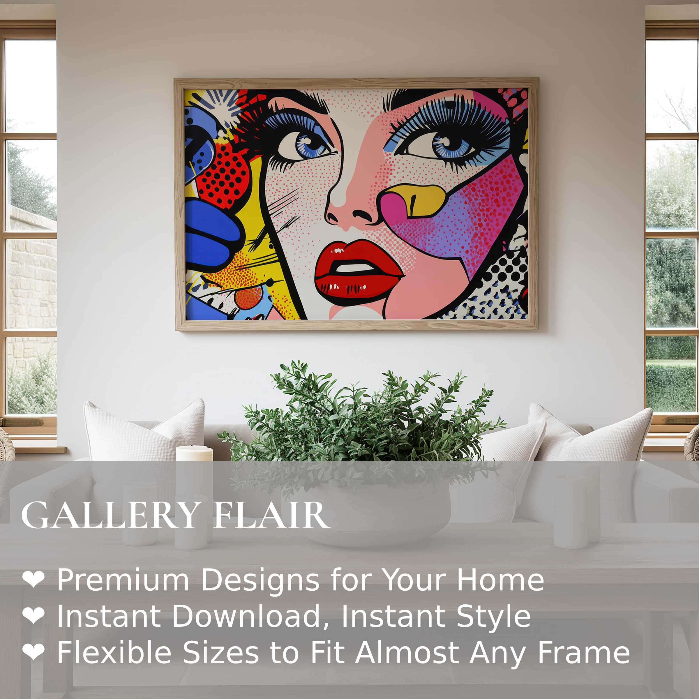 Modern wall art print featuring vibrant pop art portrait with bold colors and dynamic expression, enhancing contemporary minimalist interiors with energetic gallery style