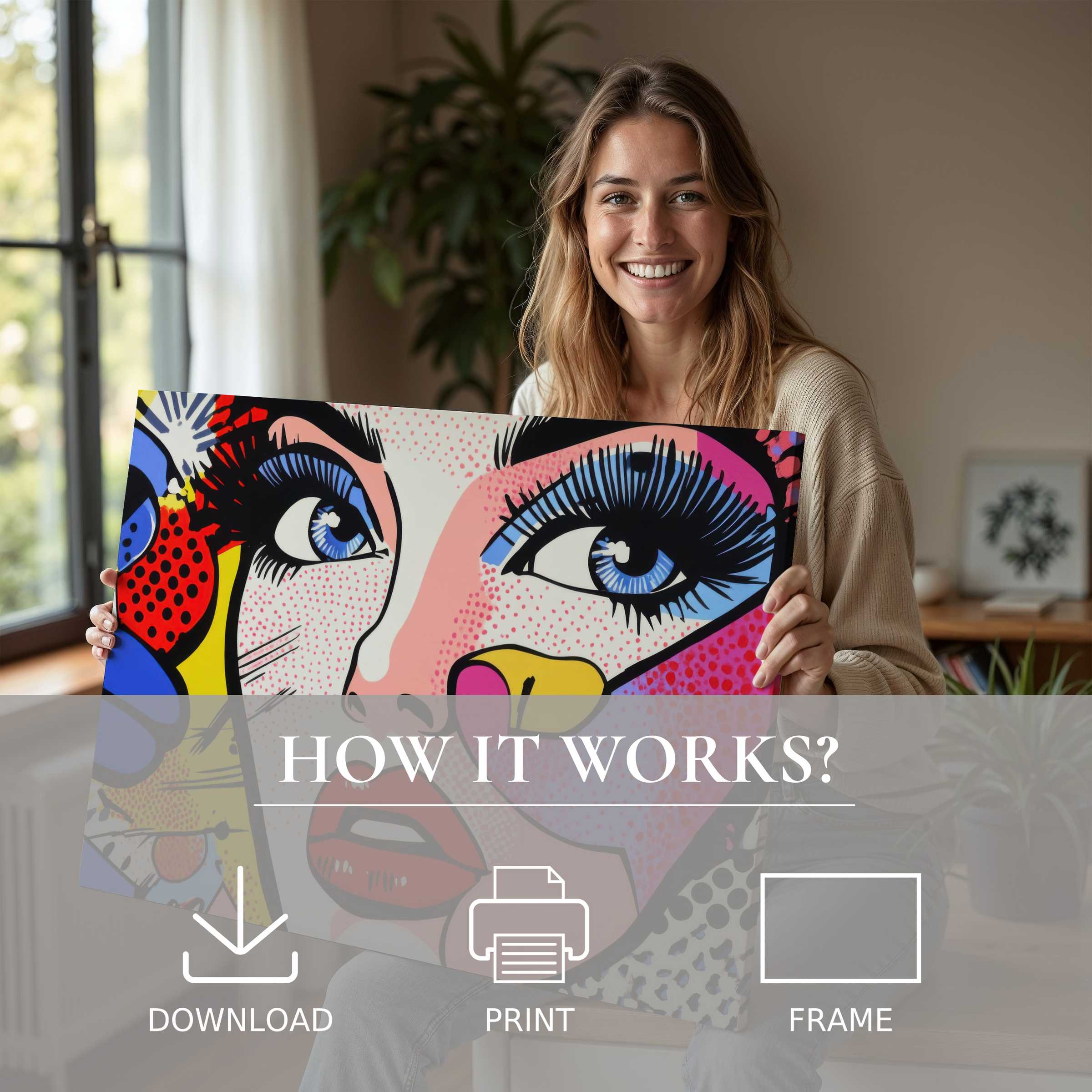 Contemporary woman in a chic, sunlit home embraces vibrant modern digital art print, celebrating joy and effortless style