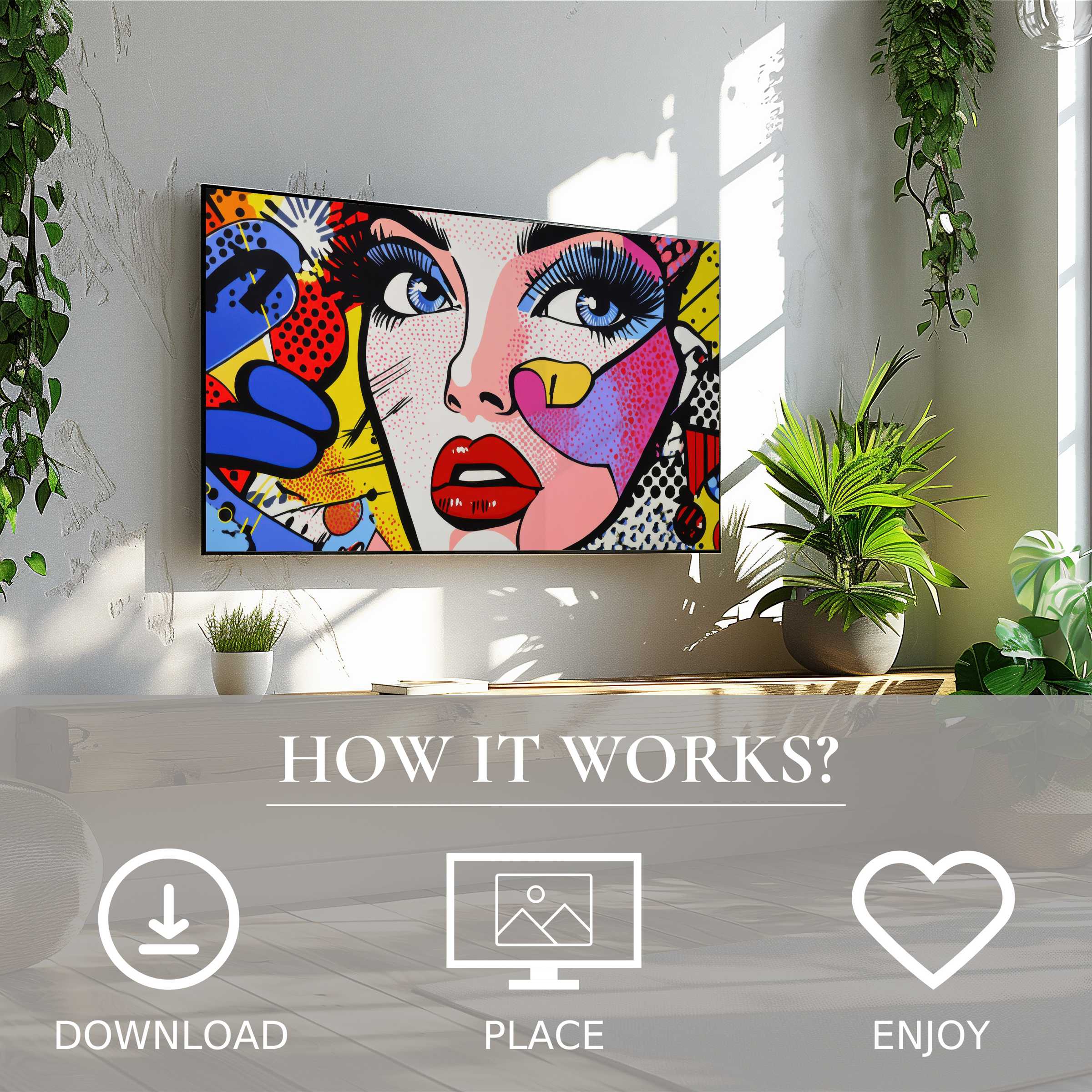 Bright pop art face on Frame TV with easy digital download; modern art for Samsung TV enriches stylish living spaces