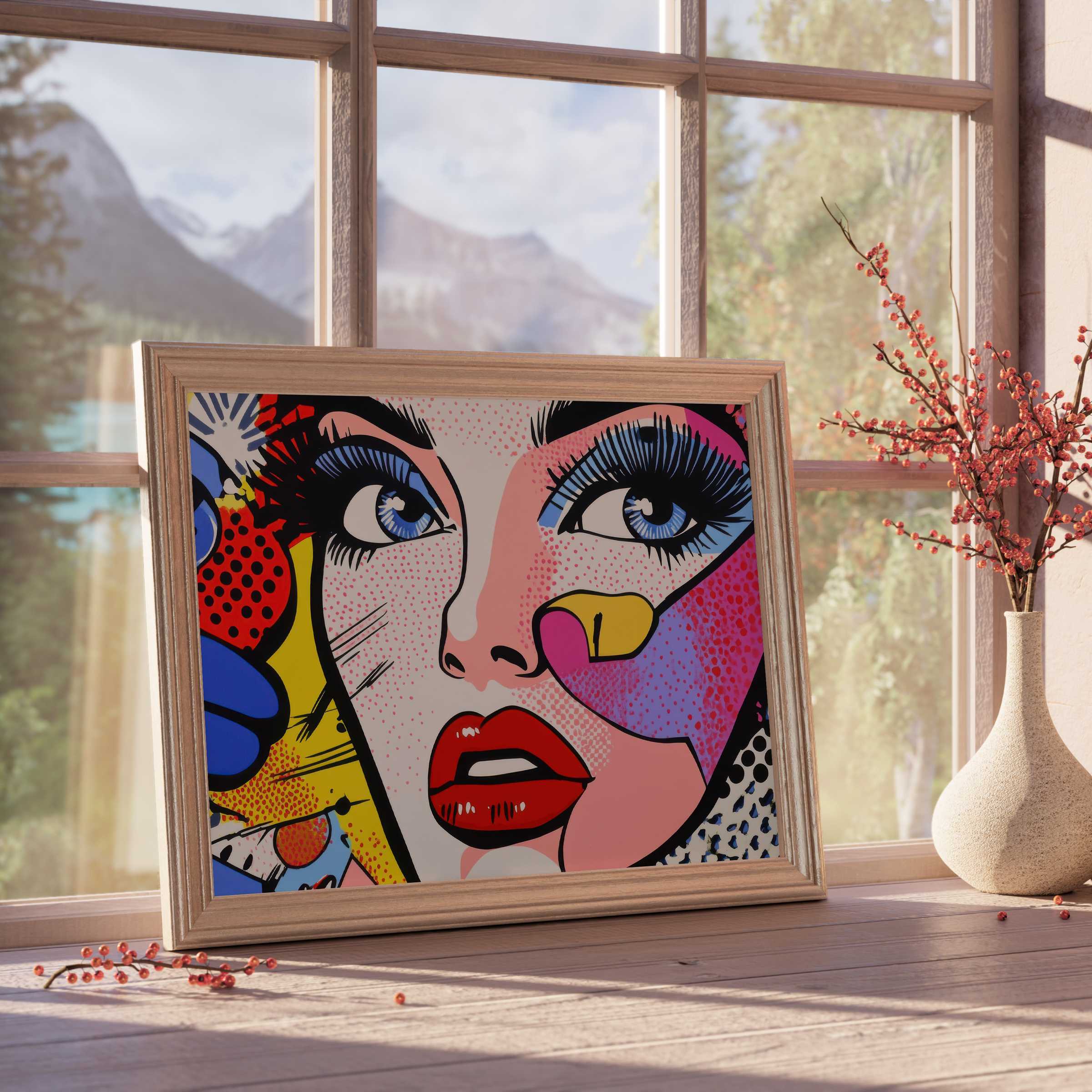 Vibrant modern downloadable art featuring bold pop art portrait in warm natural light, perfect for stylish, curated interiors