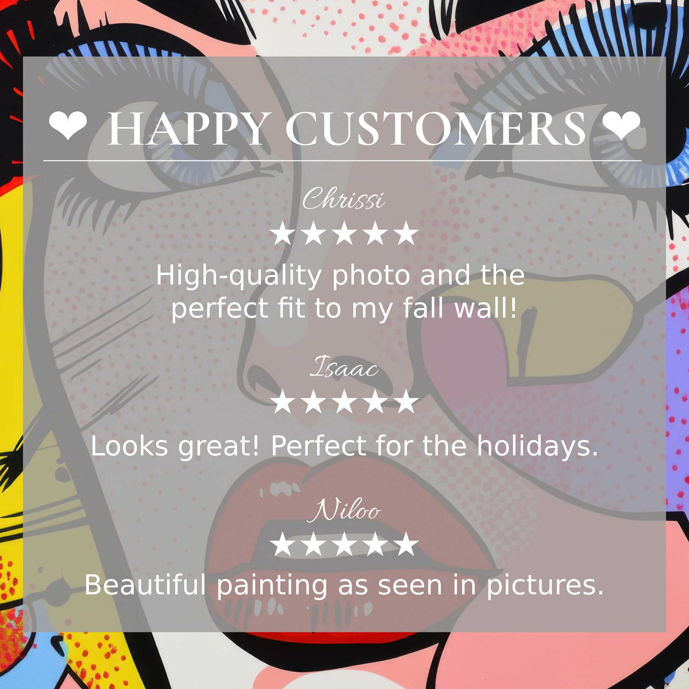 Modern art for Frame TV with abstract sunset colors, showcasing happy customer reviews and elegant trust-building layout