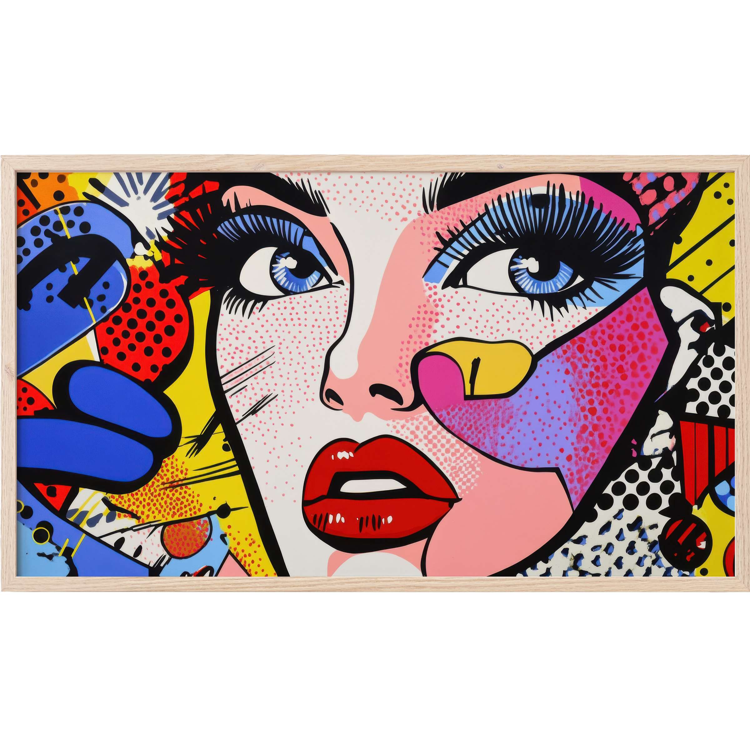 Vibrant pop art portrait with bold reds, blues, yellows, and dots, perfect modern Frame TV Art for stylish interiors