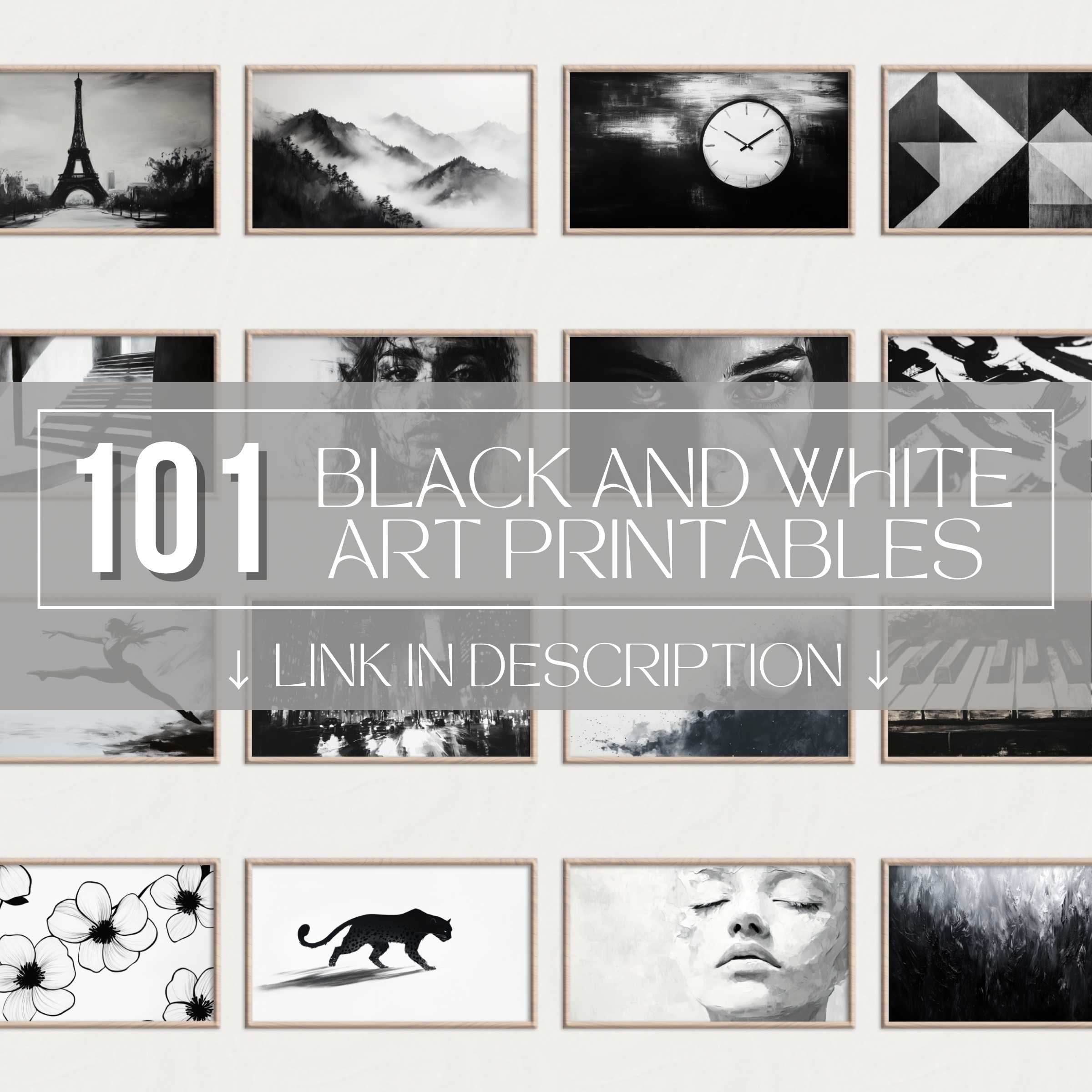 Black and white printable wall art set - collage preview of framed monochrome abstracts, portraits, and landscapes, ideal for gallery wall home decor