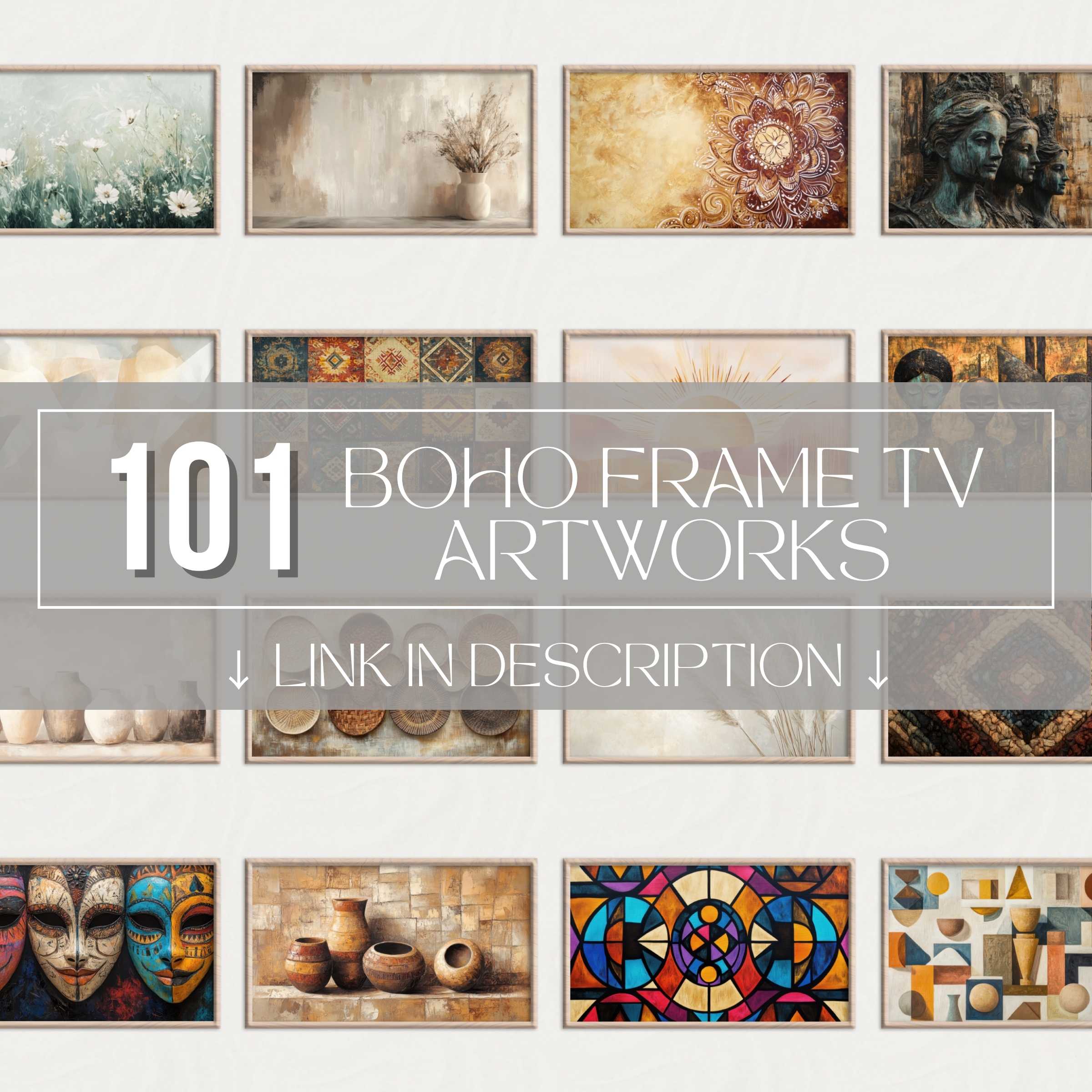 Elegant boho Frame TV art set featuring diverse, high-quality artworks in warm, earthy tones for stylish modern decor