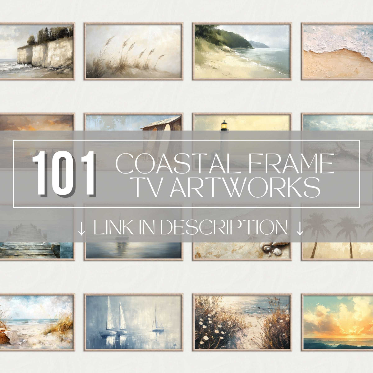 Elegant coastal Frame TV art set featuring diverse, high-quality digital seascapes in a modern, clean presentation