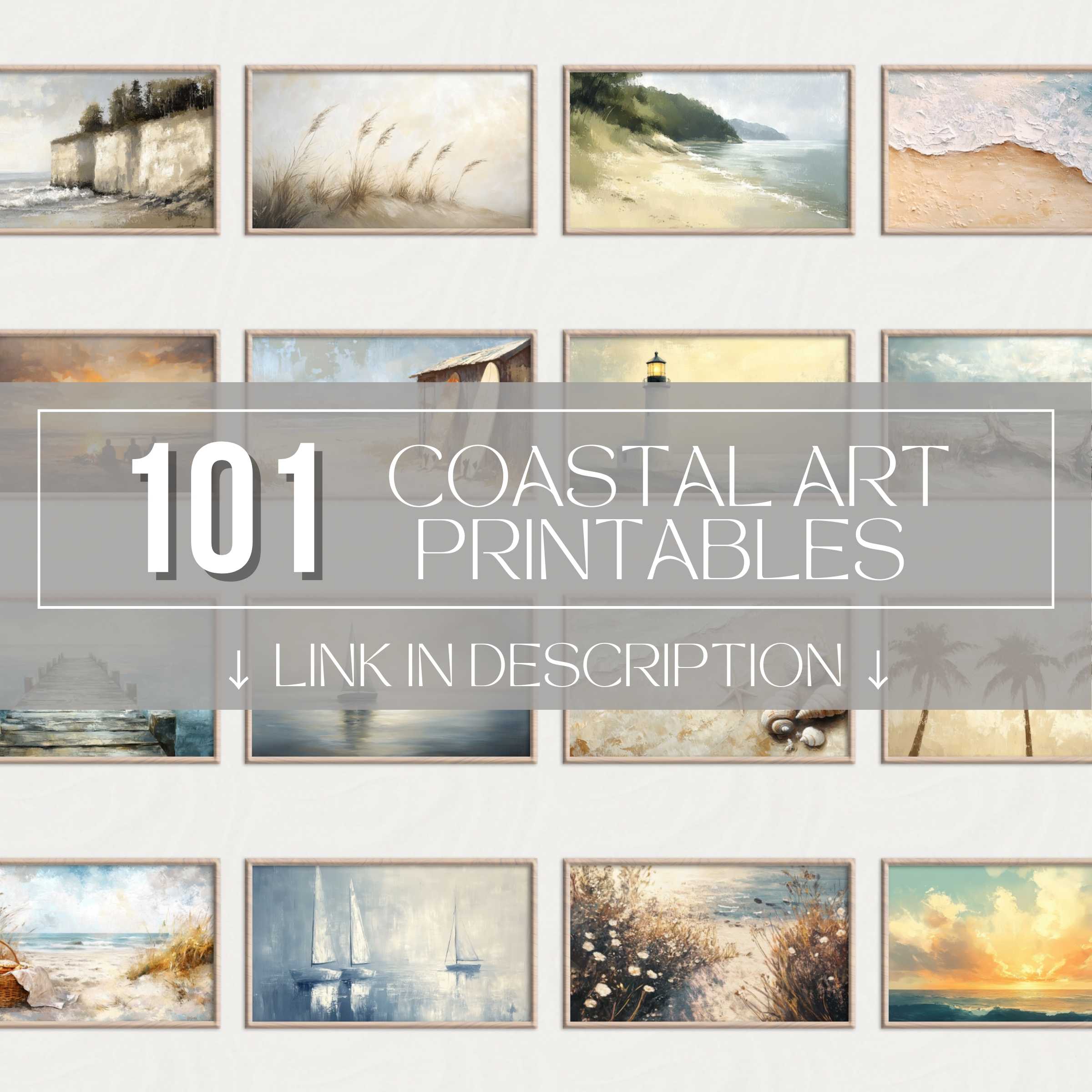 Coastal printable wall art set featuring serene beachscapes, gentle dunes, and luminous sunsets for elegant, calming gallery walls