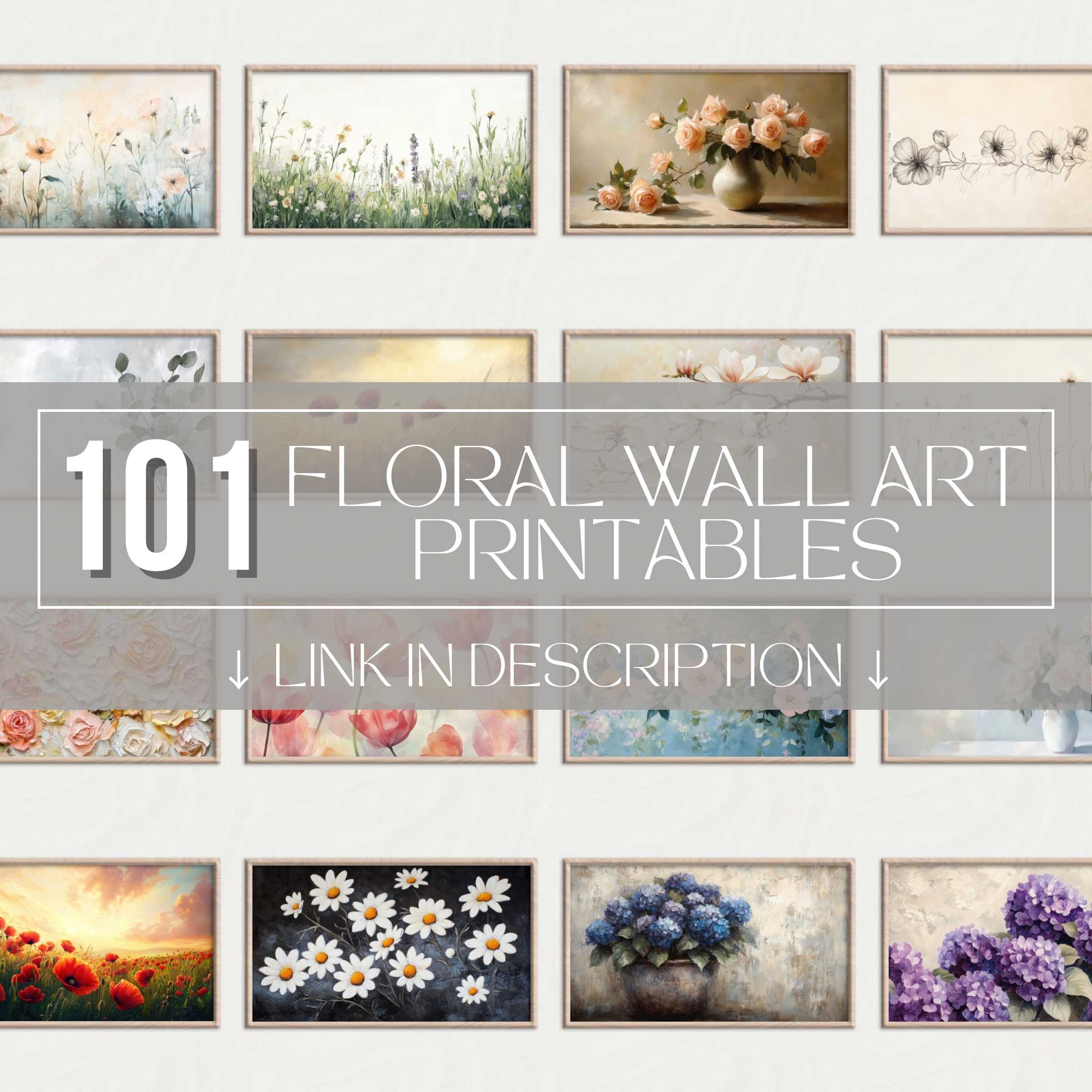 Elegant floral printable wall art set featuring soft pastels, classic roses, daisies, and botanical sketches for serene gallery walls
