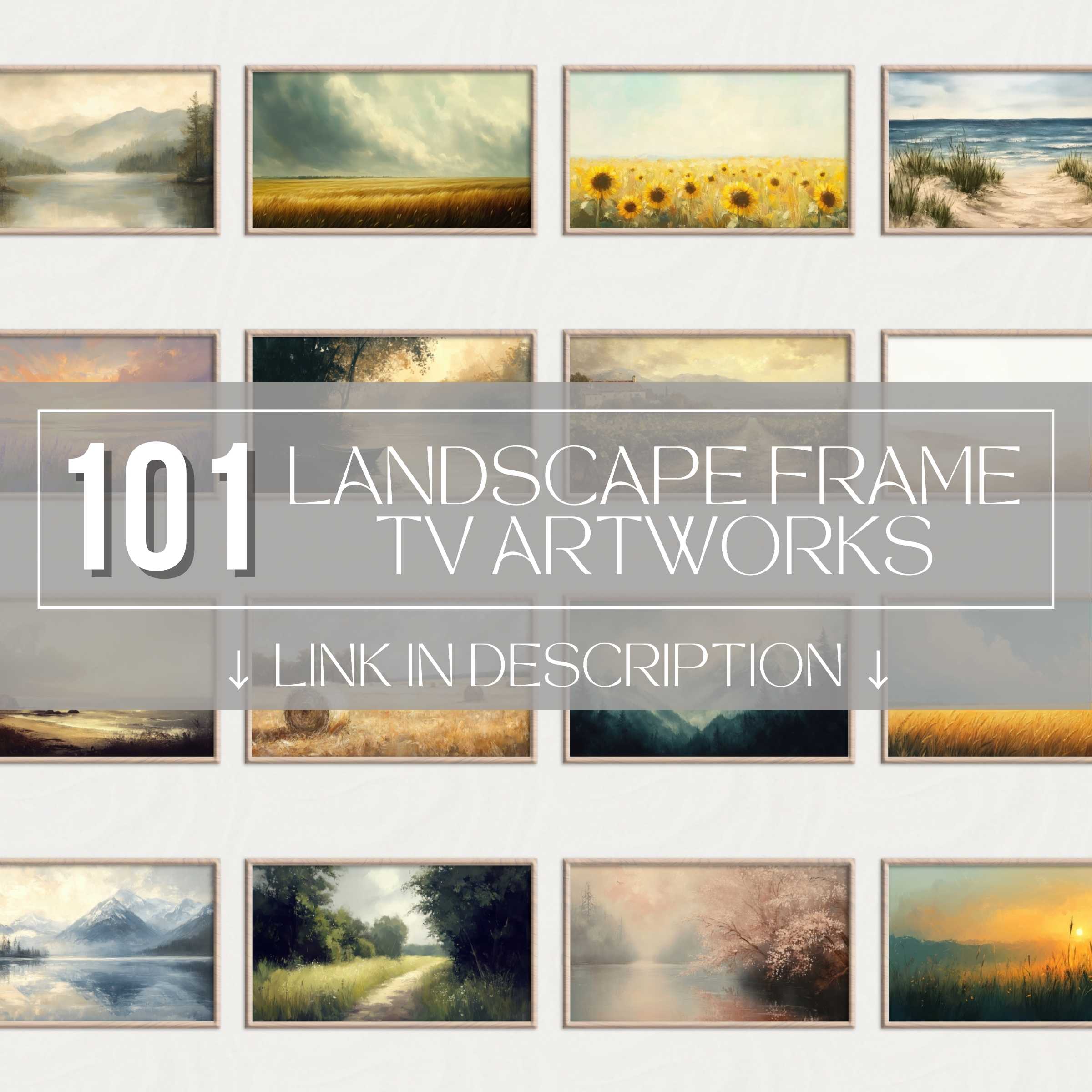 Elegant landscape Frame TV art set featuring diverse, high-quality digital paintings in a sleek, modern display