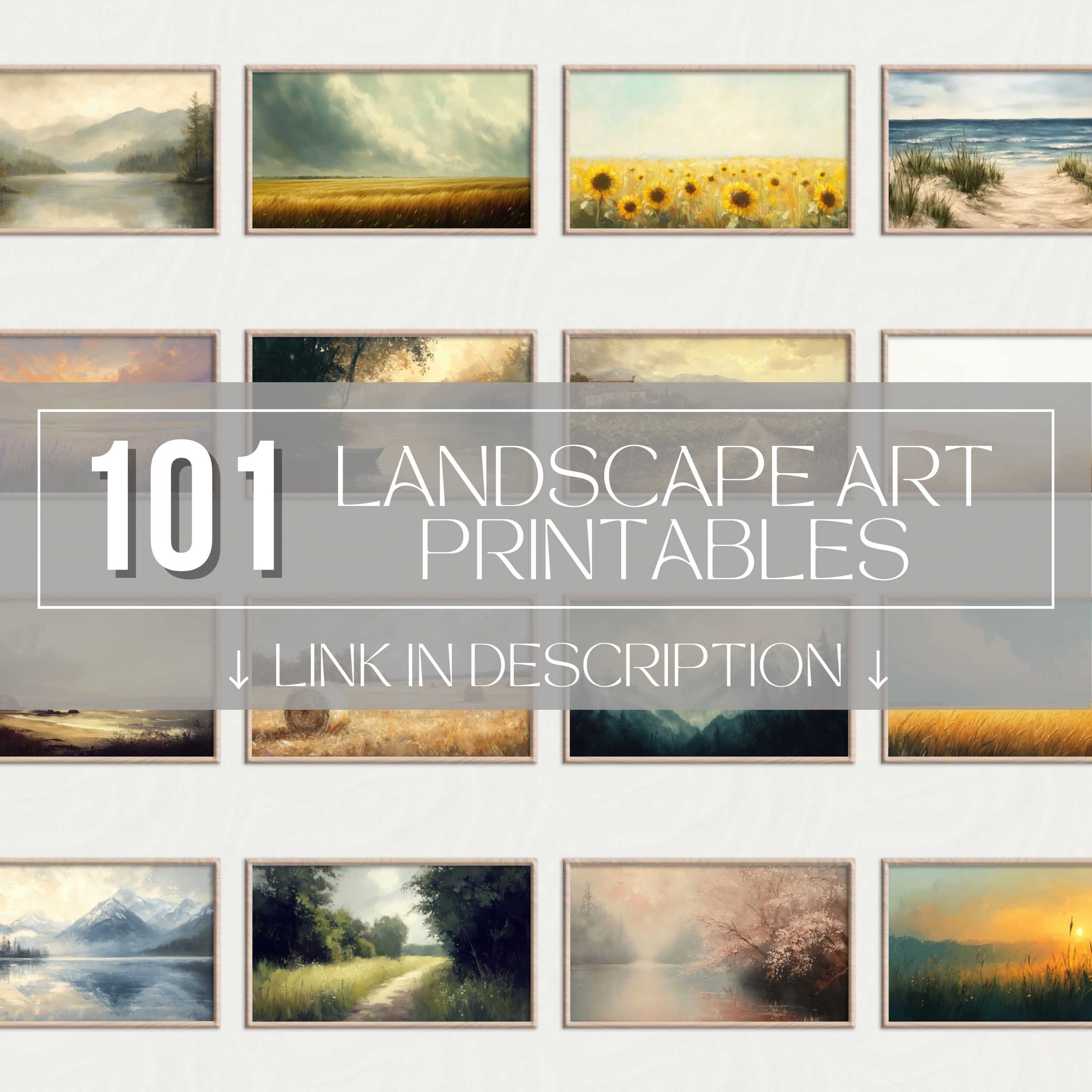 Serene landscape printable wall art set featuring diverse nature scenes in soft tones and elegant frames, perfect for sophisticated gallery walls