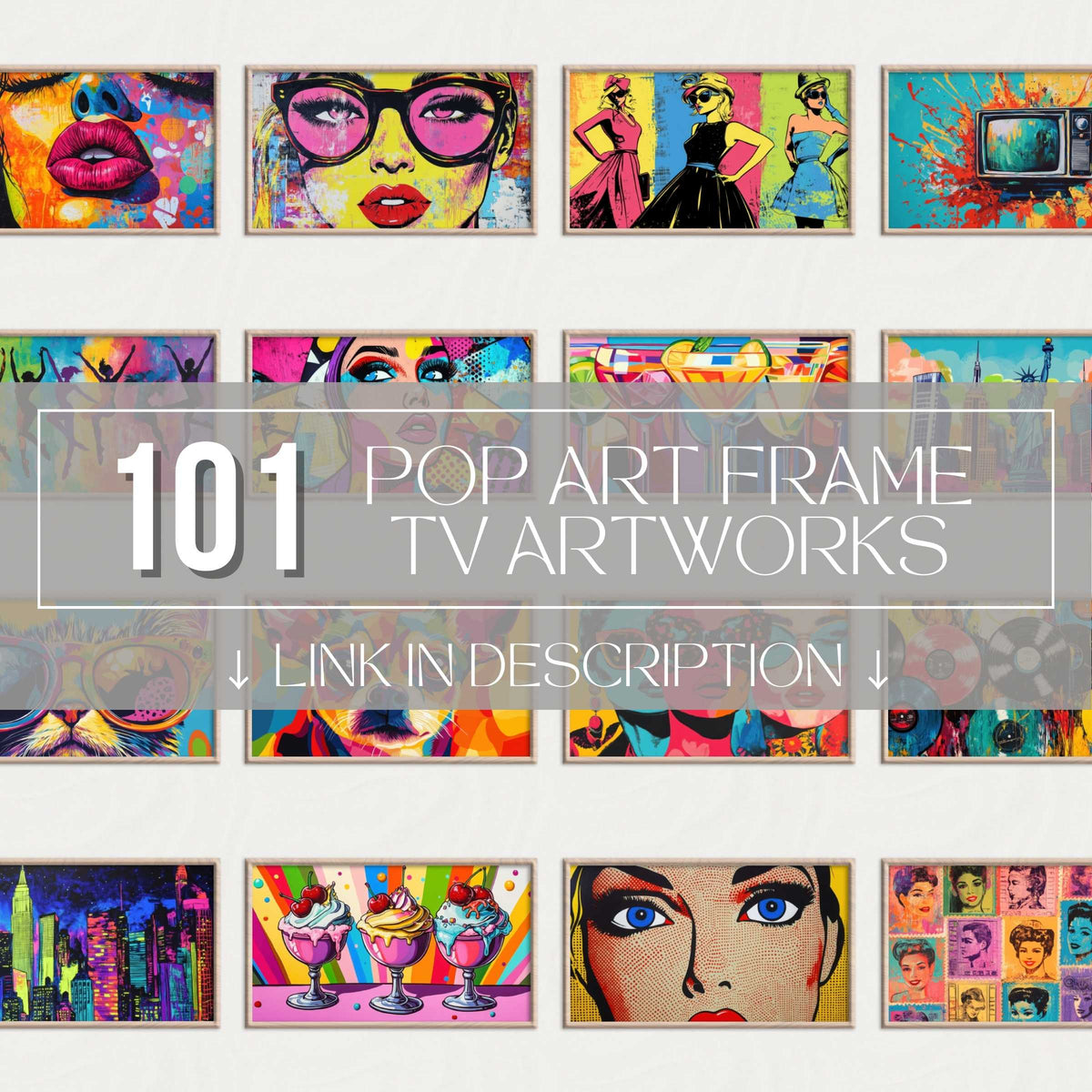 Vibrant pop art Frame TV art set showcasing stylish, diverse digital artworks for chic, high-quality home decor