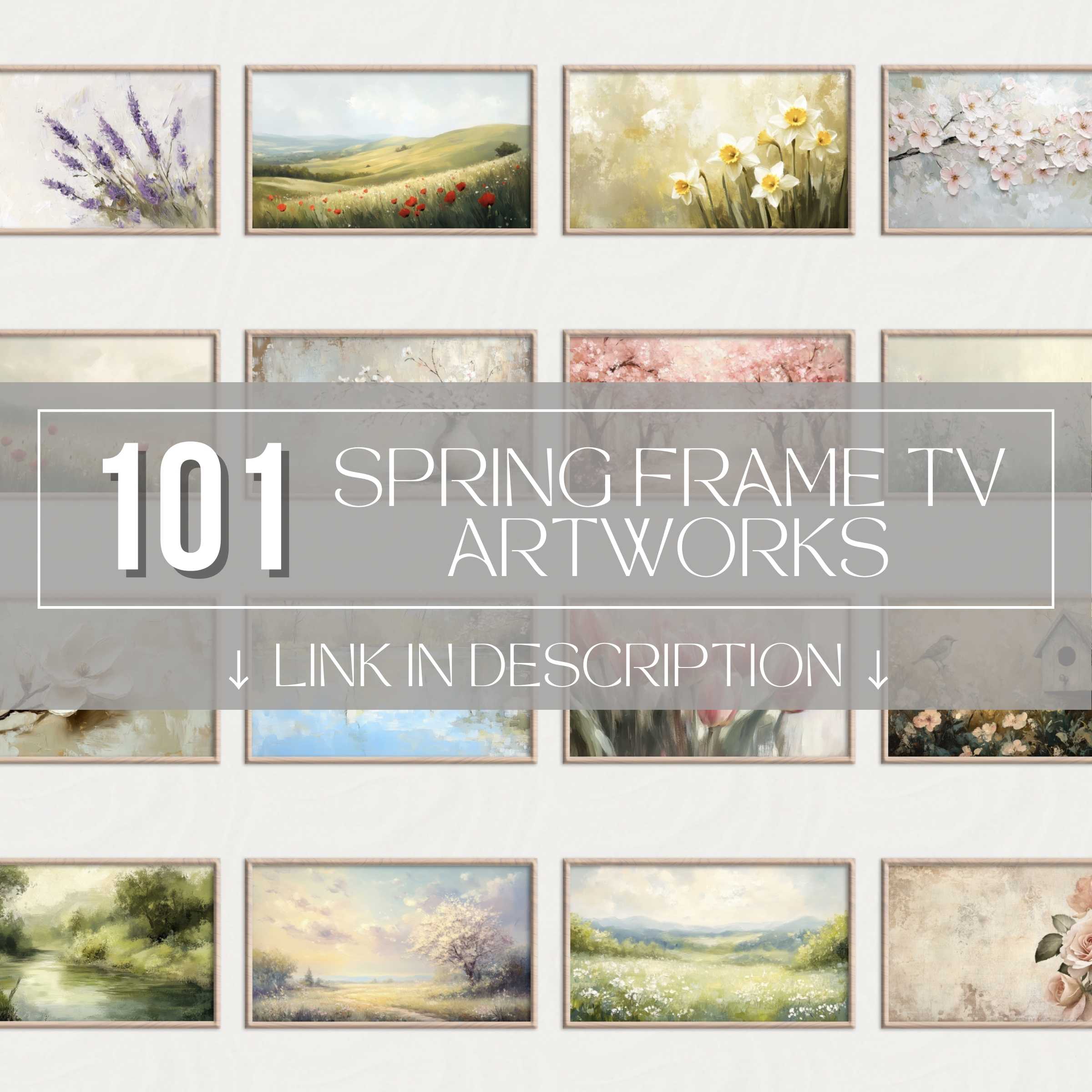 Elegant spring Frame TV art set featuring diverse modern digital floral and landscape artworks in a refined layout