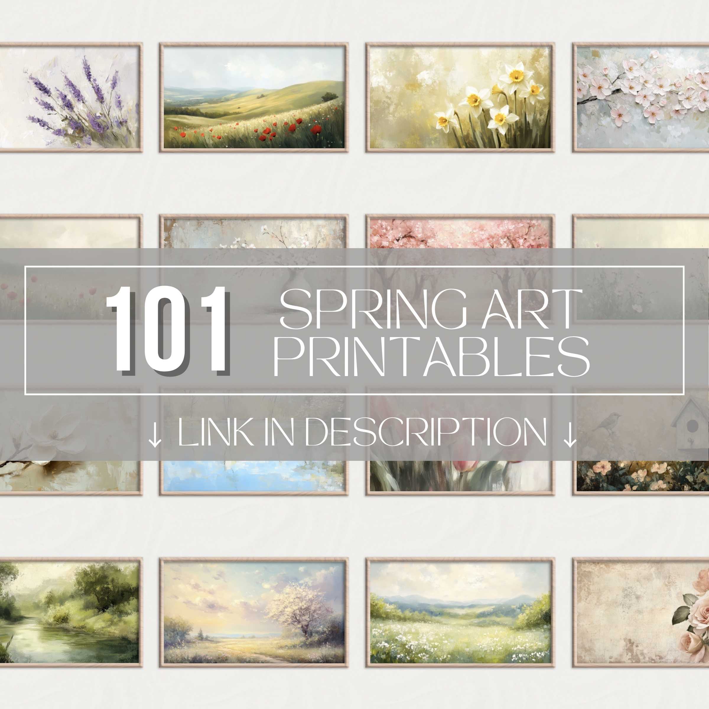 Elegant spring printable wall art set showcasing serene landscapes, blooming florals, and soft pastel tones for a refined gallery wall