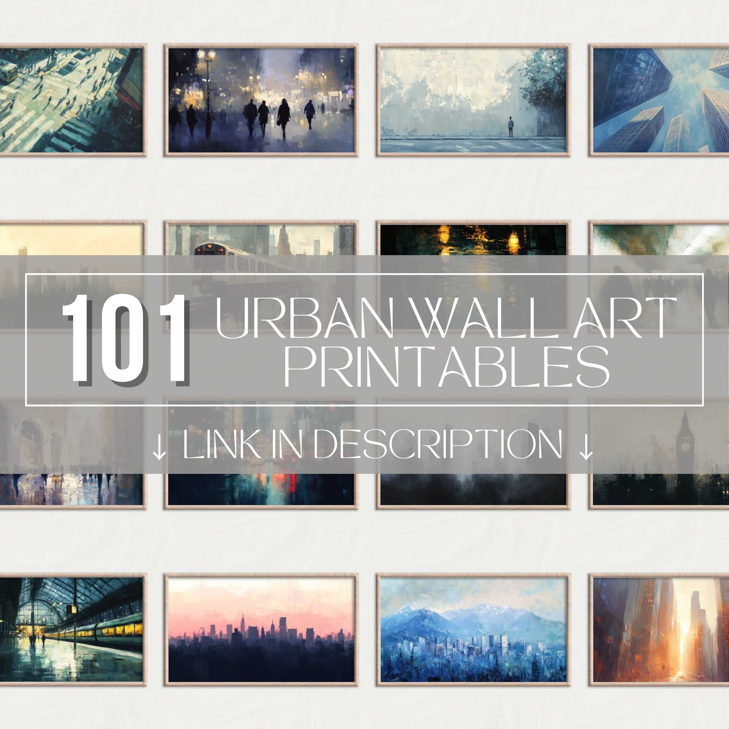 Sophisticated urban printable wall art set blending moody cityscapes, luminous textures, and serene skylines for elegant gallery walls