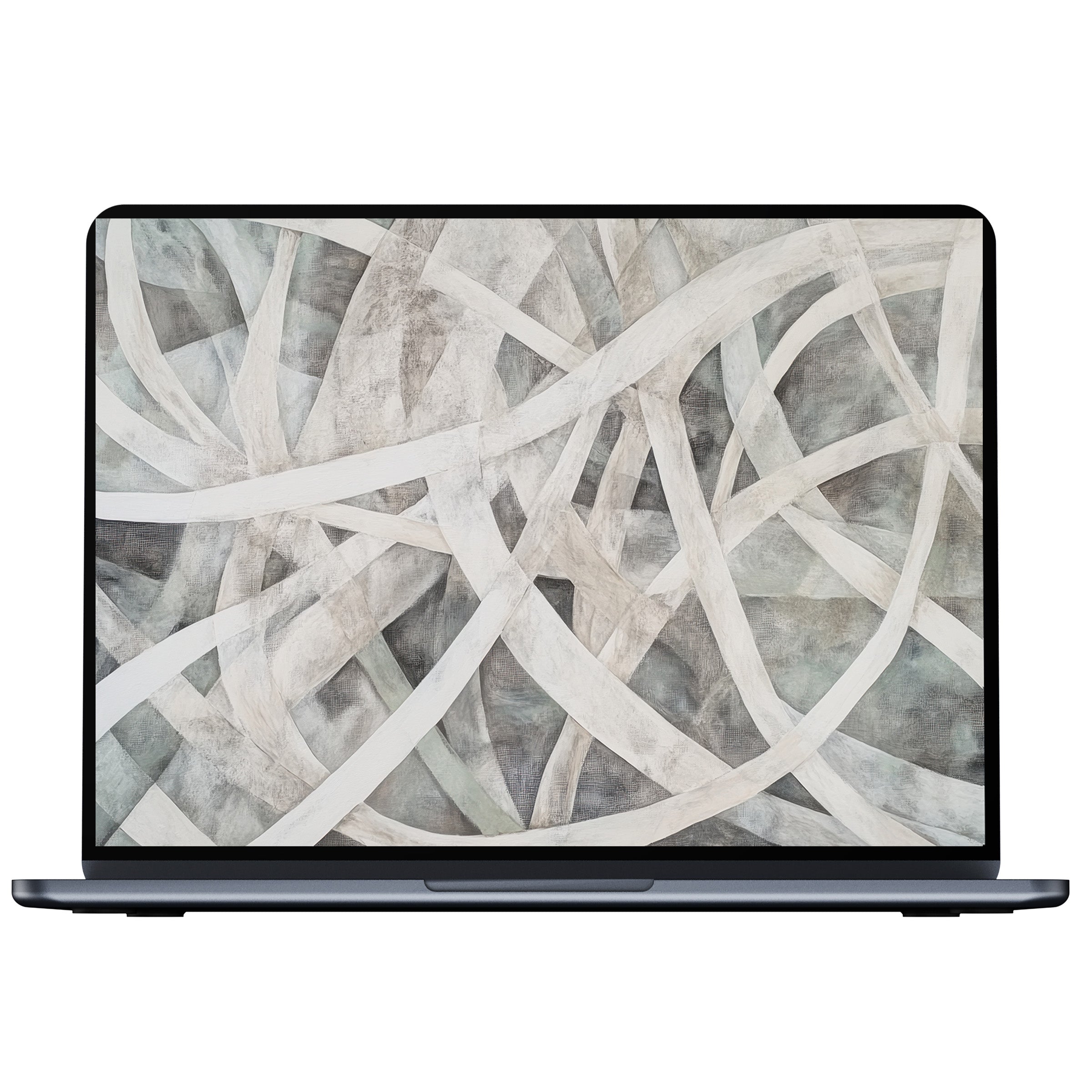 Elegant abstract desktop wallpaper with soft, intertwining curves in gray tones, offering a calming digital download for PC or laptop
