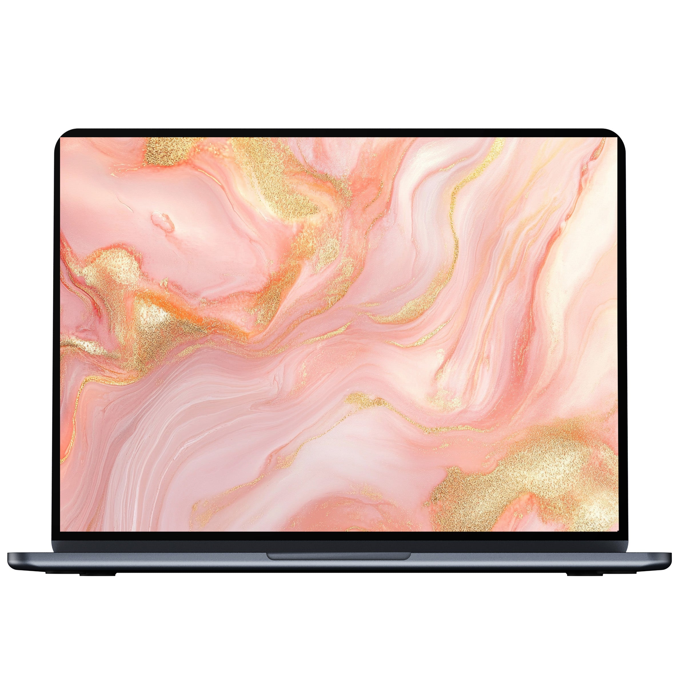 Elegant abstract desktop wallpaper in soft pinks and gold swirls for digital download, enhancing PC or laptop with calm inspiration