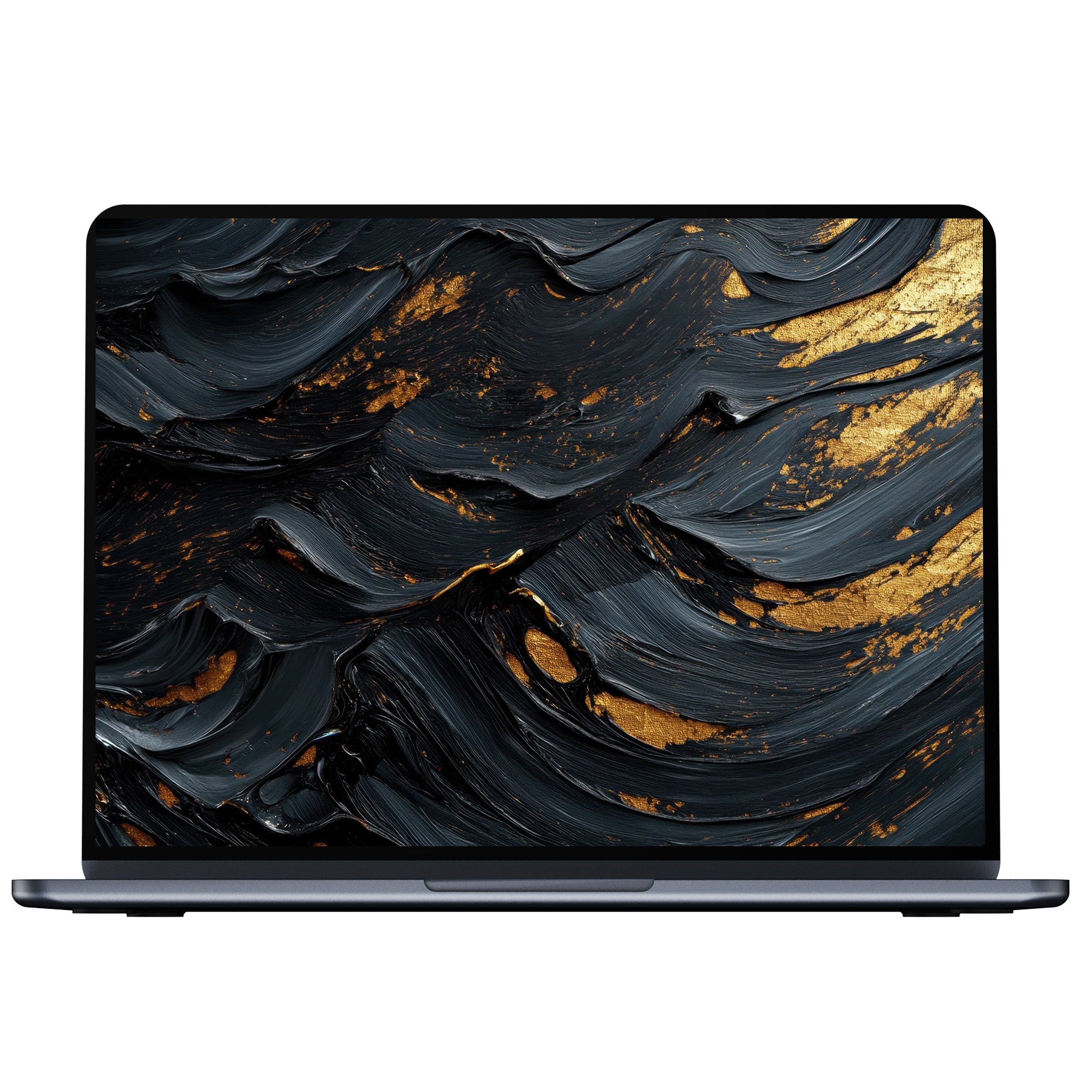 Abstract desktop wallpaper featuring black and gold swirls, inspiring calm elegance, ideal for digital download on PC, laptop, Mac