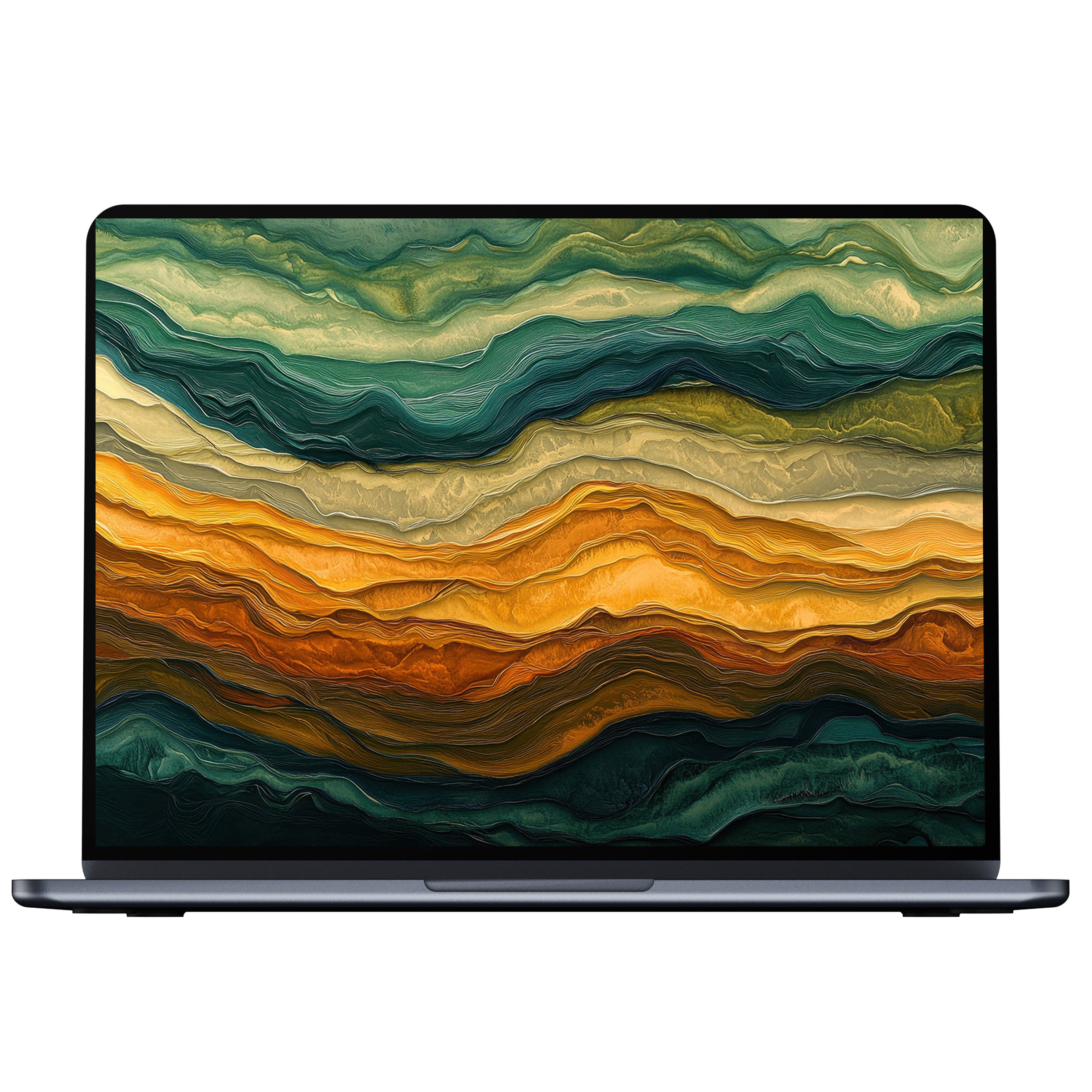 Elegant abstract desktop wallpaper featuring layered waves of rich greens and warm oranges for PC, laptop, digital download tranquility