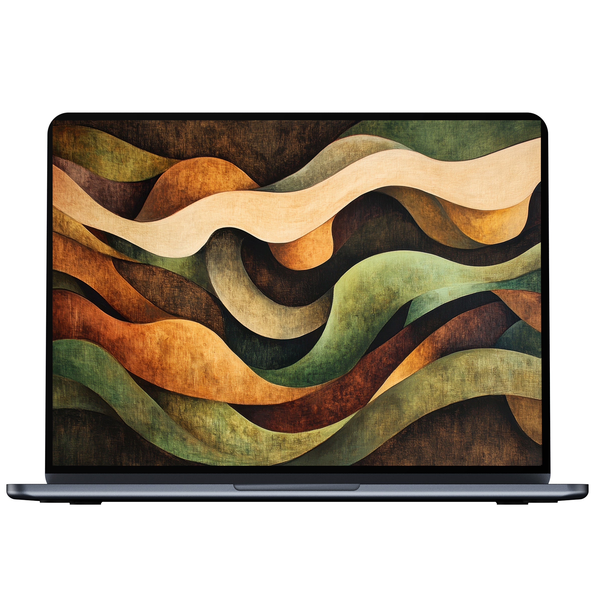 Elegant abstract desktop wallpaper with earthy waves in brown and green tones for digital download fits PC or laptop screens
