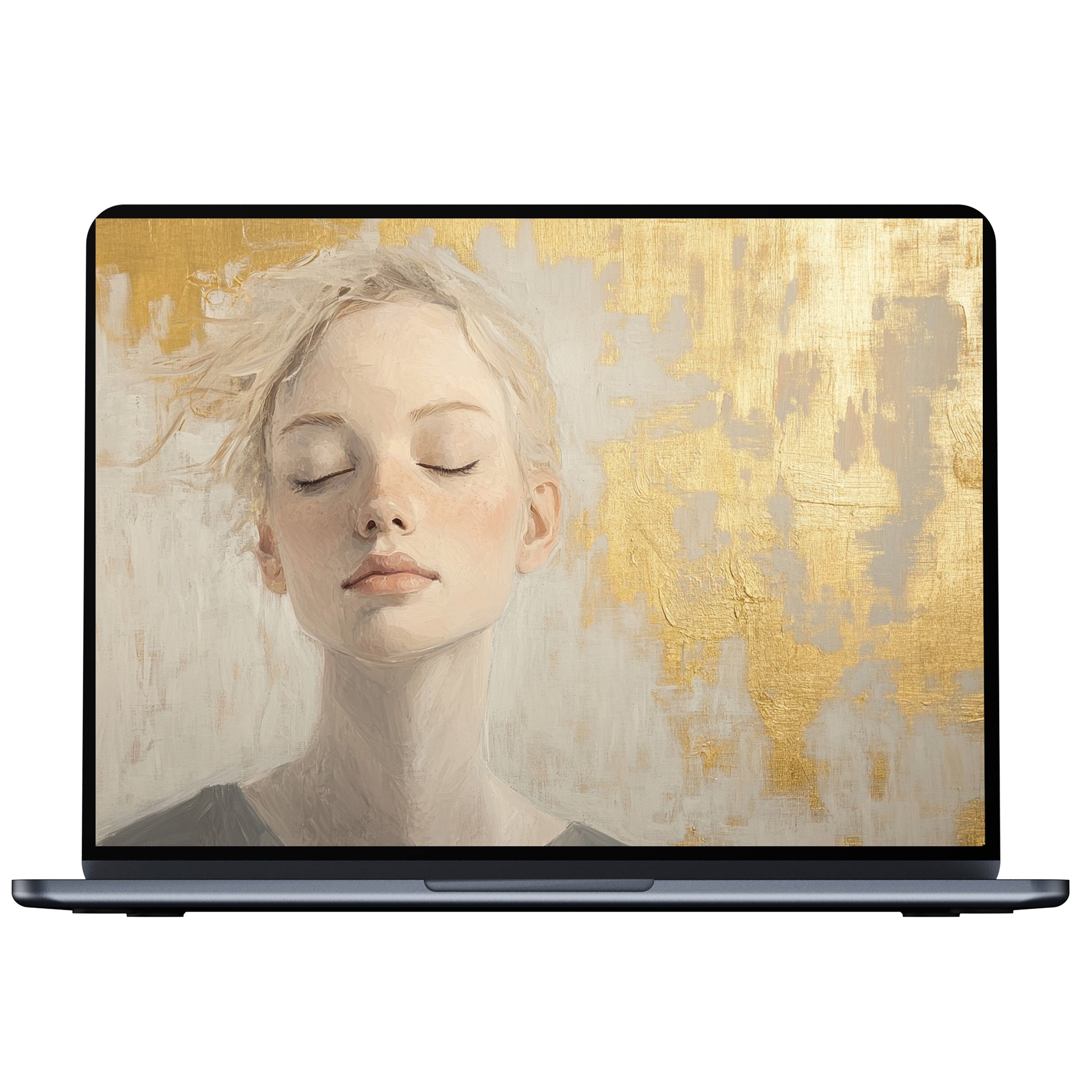 Elegant abstract desktop wallpaper with serene portrait, golden hues, perfect digital download for calming PC and laptop displays