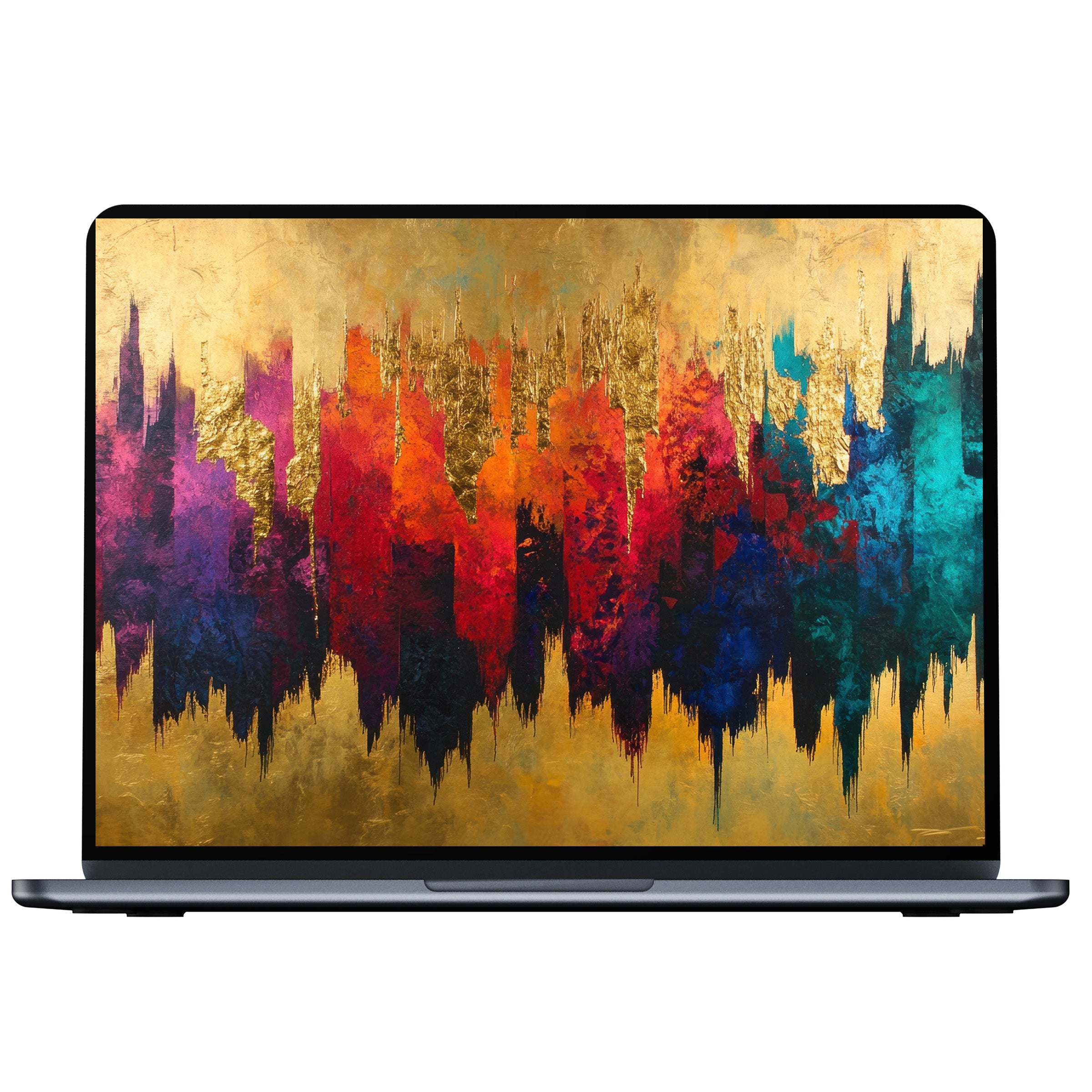 Vibrant abstract desktop wallpaper with gold, red, and blue tones, perfect for a mindful digital download on PC or laptop screens