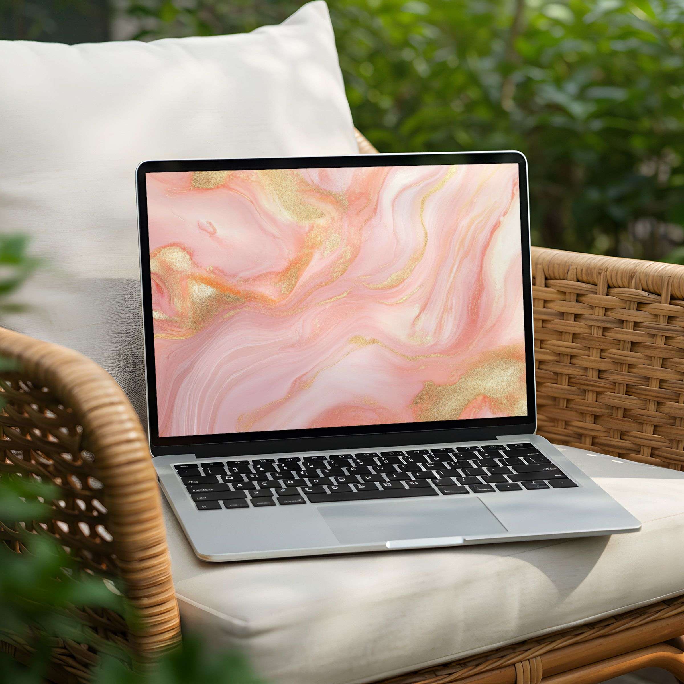 Elegant swirling pink and gold abstract desktop background for PC or Laptop instant download evoke calm and mindfulness