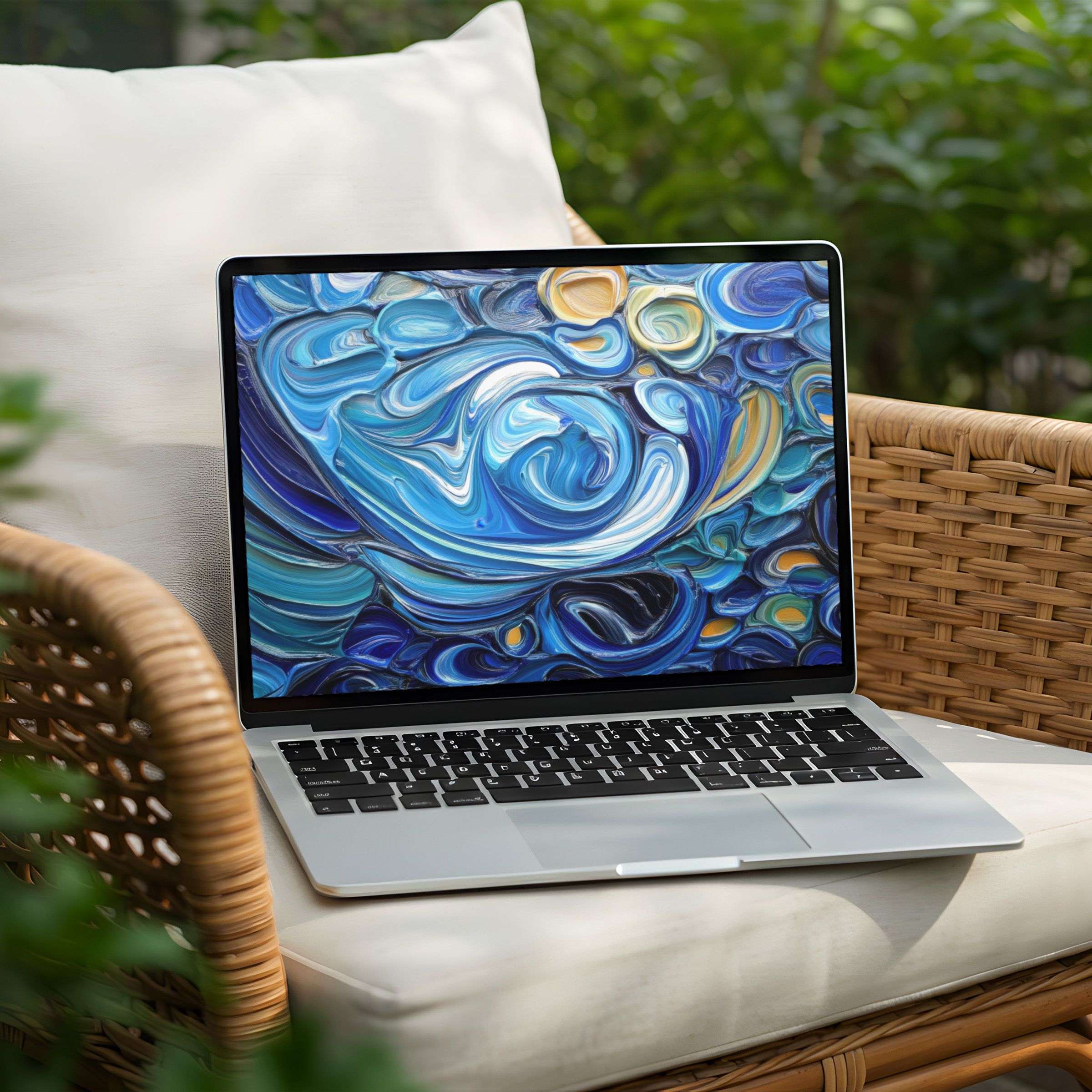 Elegant blue and gold abstract desktop background for instant download on Laptop and PC, inspiring calm and mindful aesthetics