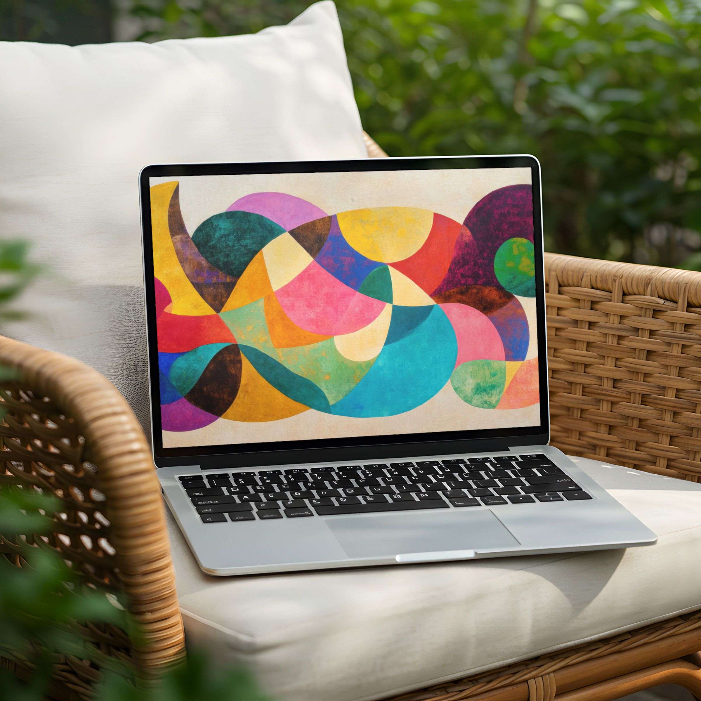 Vibrant abstract desktop background on a laptop inspires mindfulness and elegance, perfect for instant download to beautify your PC setup