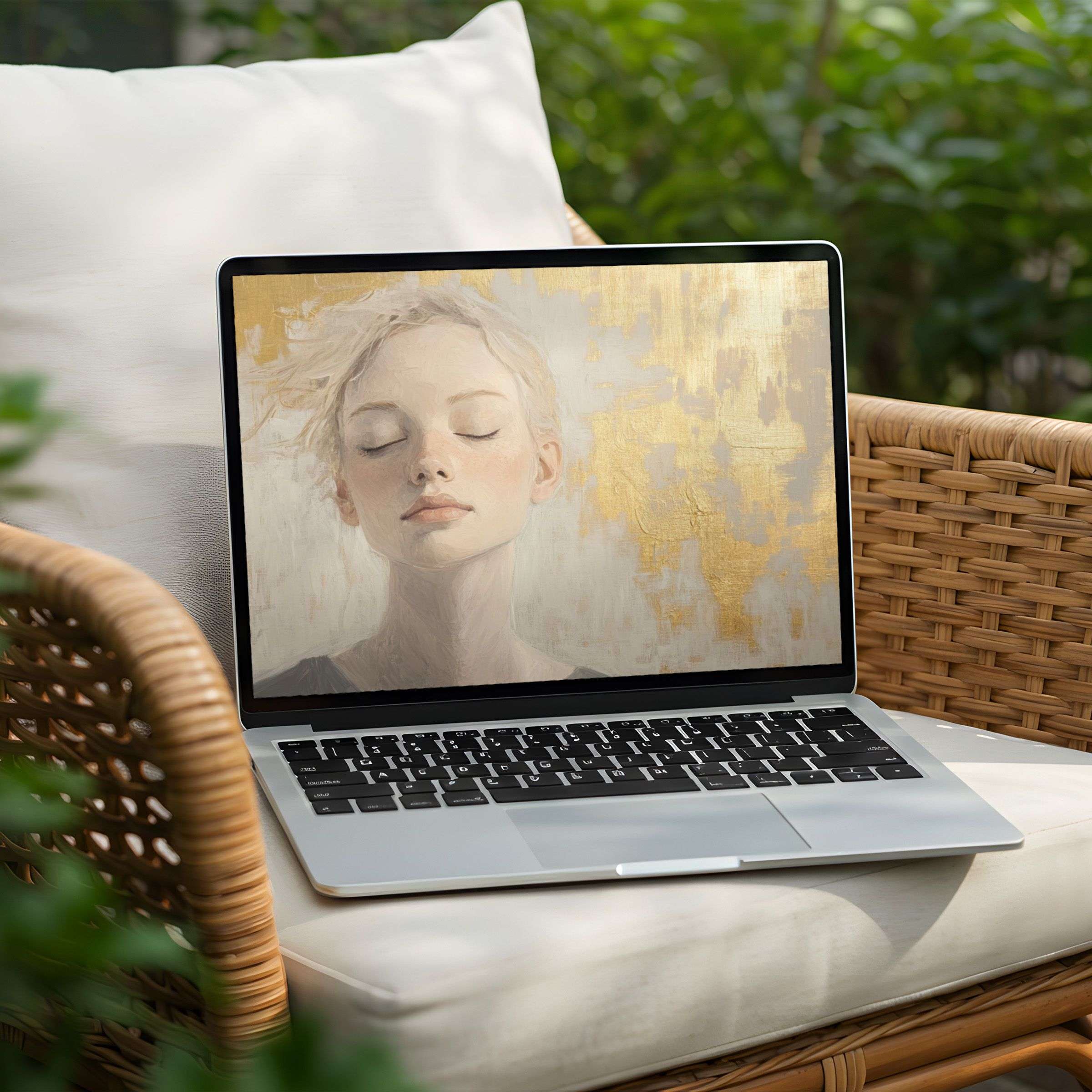 Elegant digital art desktop background for PC and Laptop instant download featuring serene portrait with golden textures inspiring calm