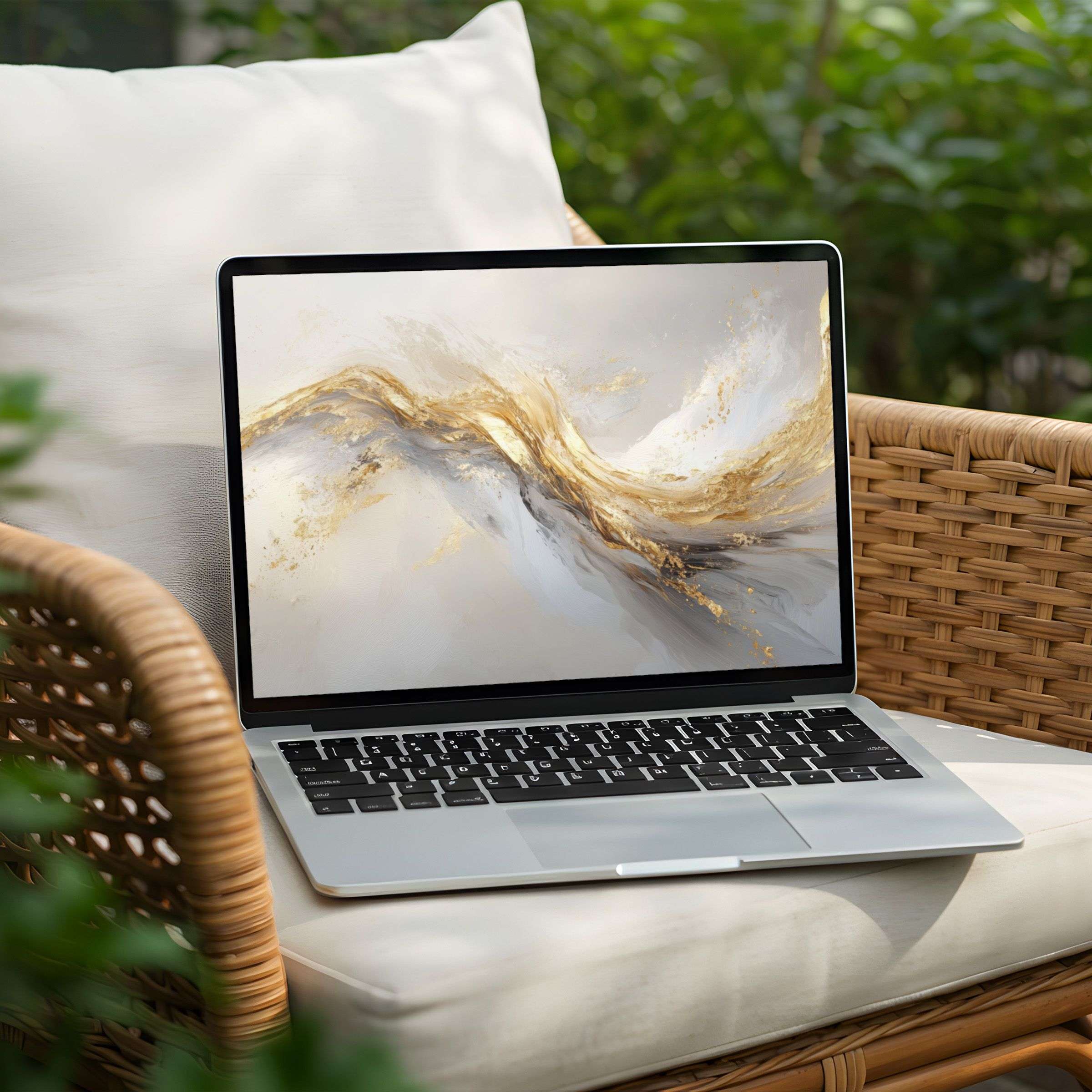 A serene gold and white swirl desktop background for PC or laptop promotes mindfulness and elegance with instant download benefits